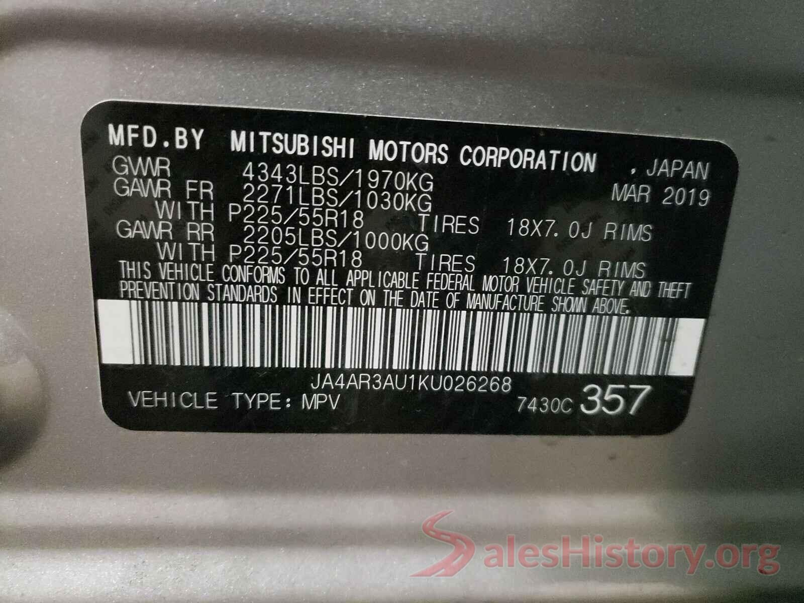 JA4AR3AU1KU026268 2019 MITSUBISHI OUTLANDER