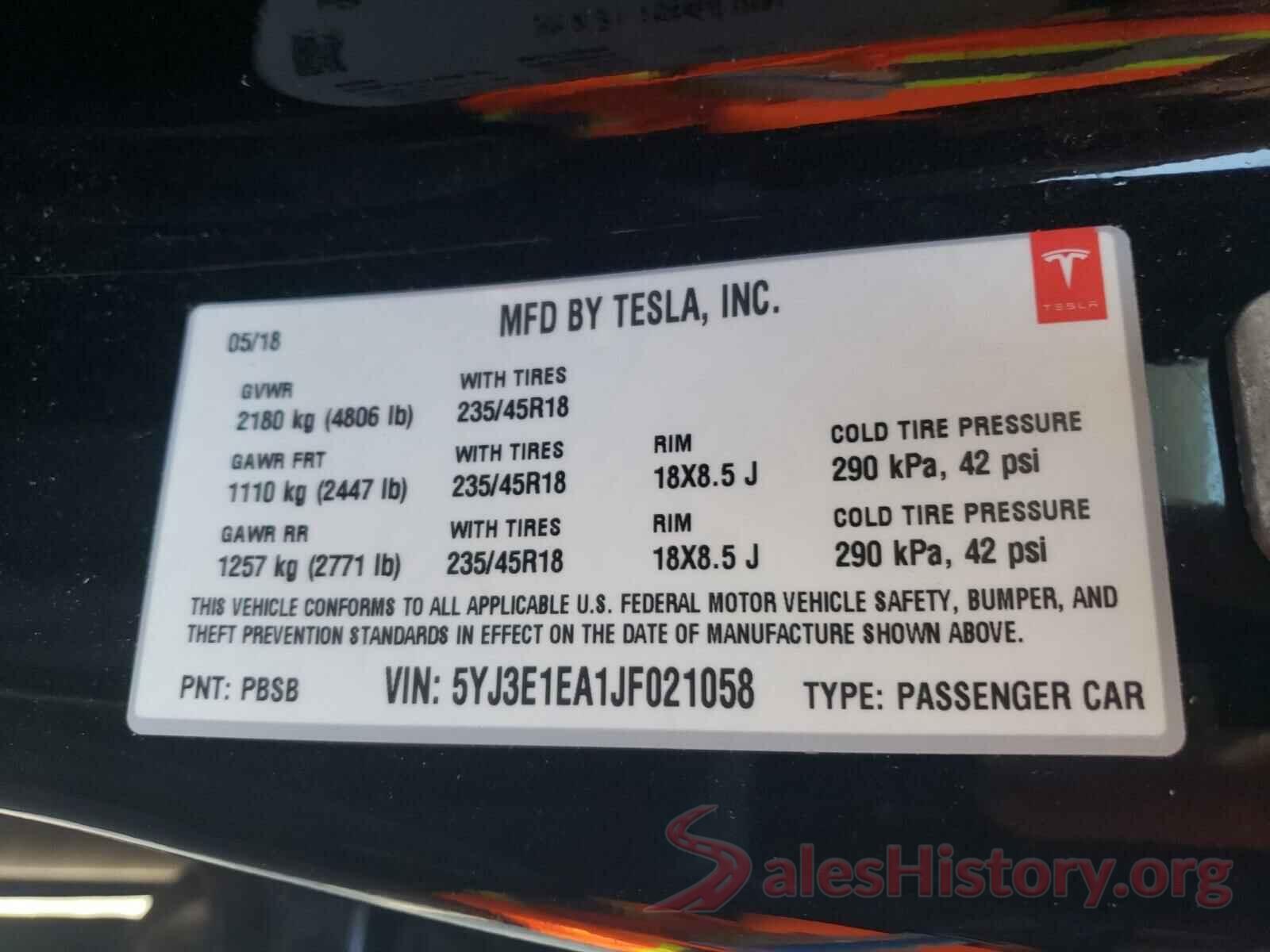 5YJ3E1EA1JF021058 2018 TESLA MODEL 3