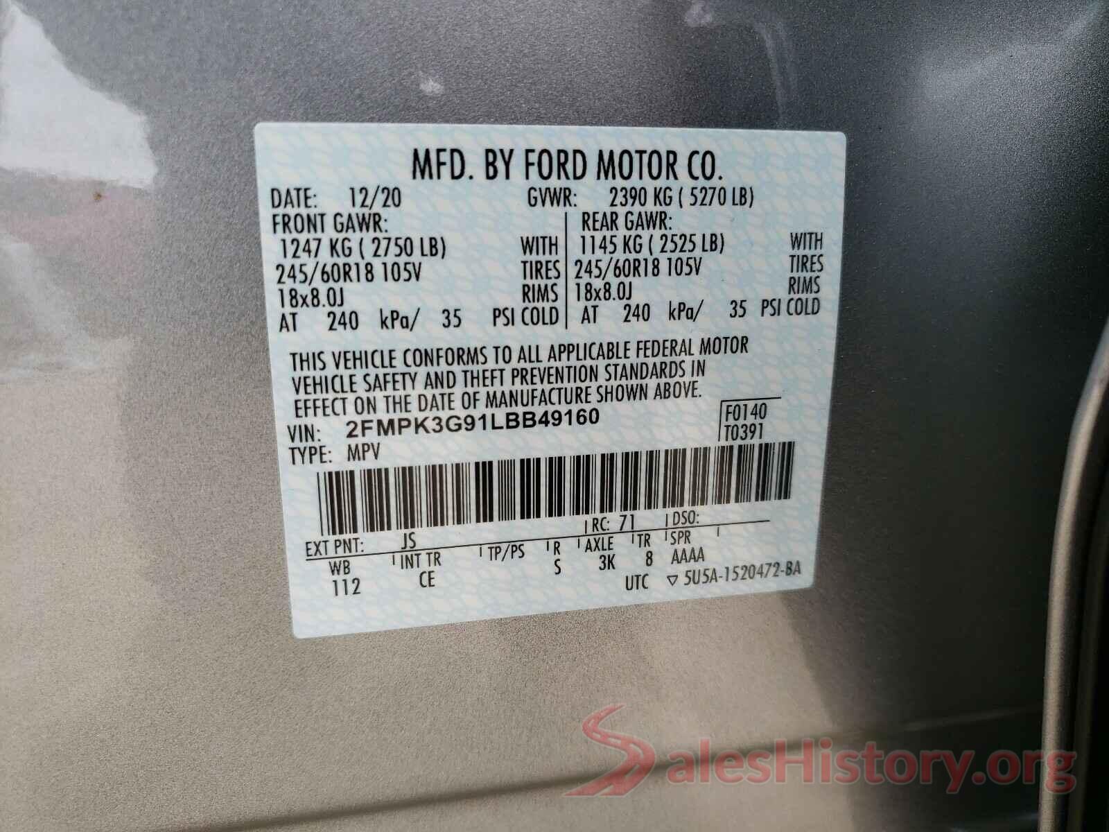 2FMPK3G91LBB49160 2020 FORD EDGE