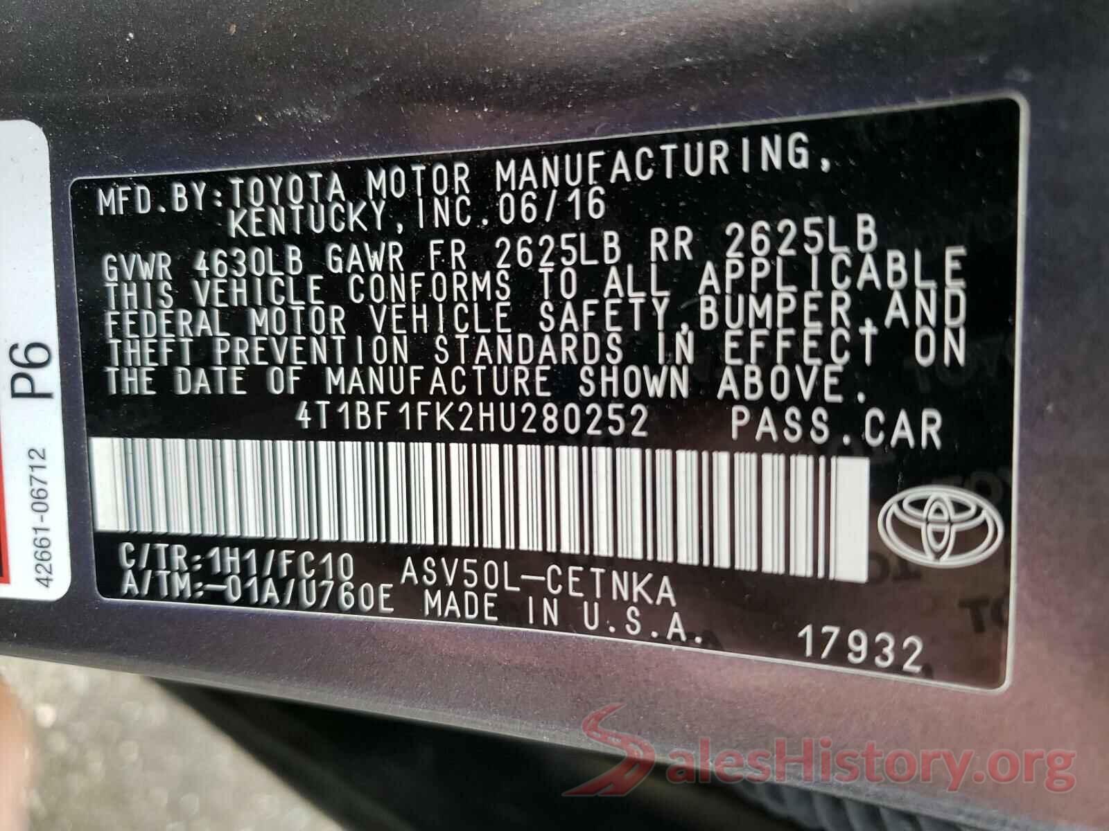 4T1BF1FK2HU280252 2017 TOYOTA CAMRY