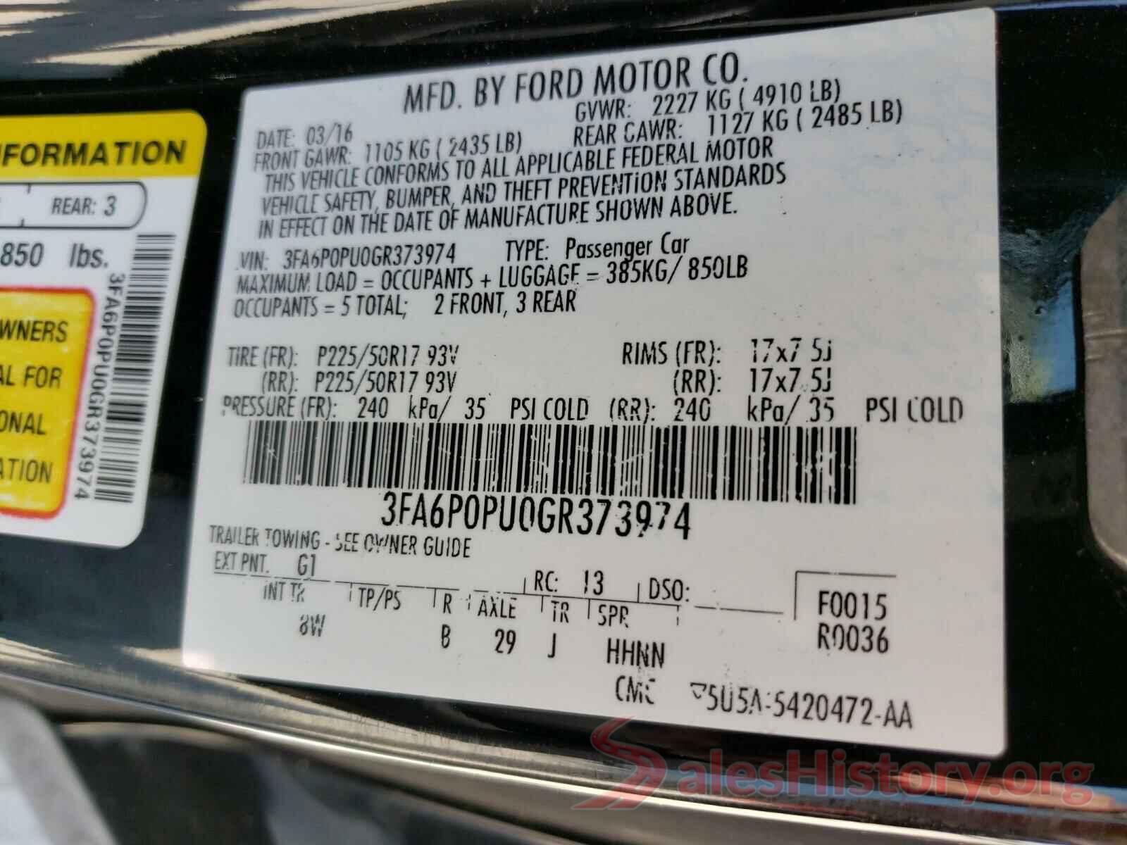 3FA6P0PU0GR373974 2016 FORD FUSION