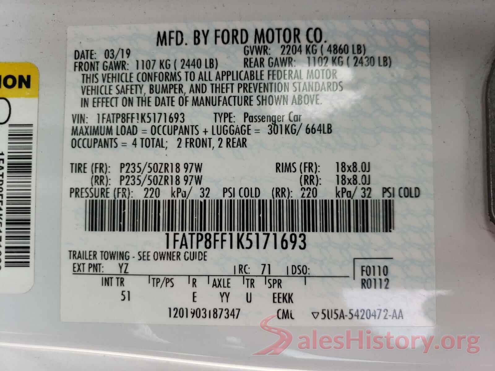 1FATP8FF1K5171693 2019 FORD MUSTANG