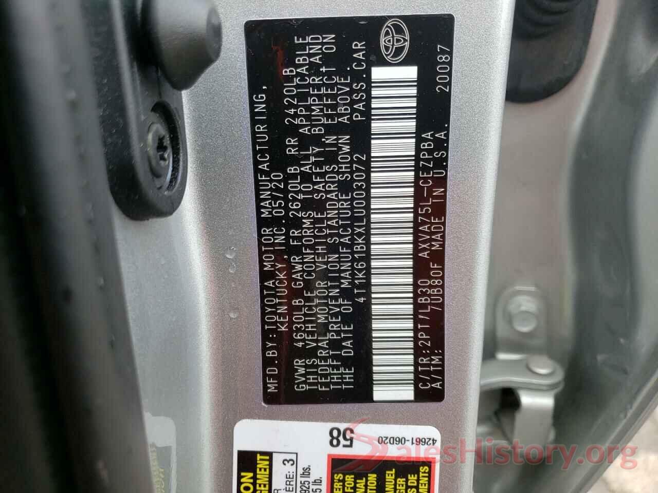 4T1K61BKXLU003072 2020 TOYOTA CAMRY