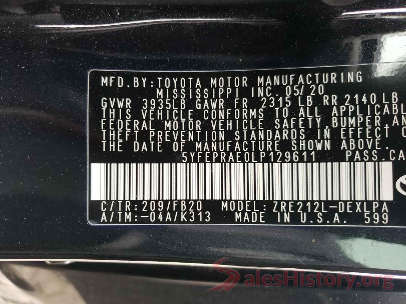 5YFEPRAE0LP129611 2020 TOYOTA COROLLA