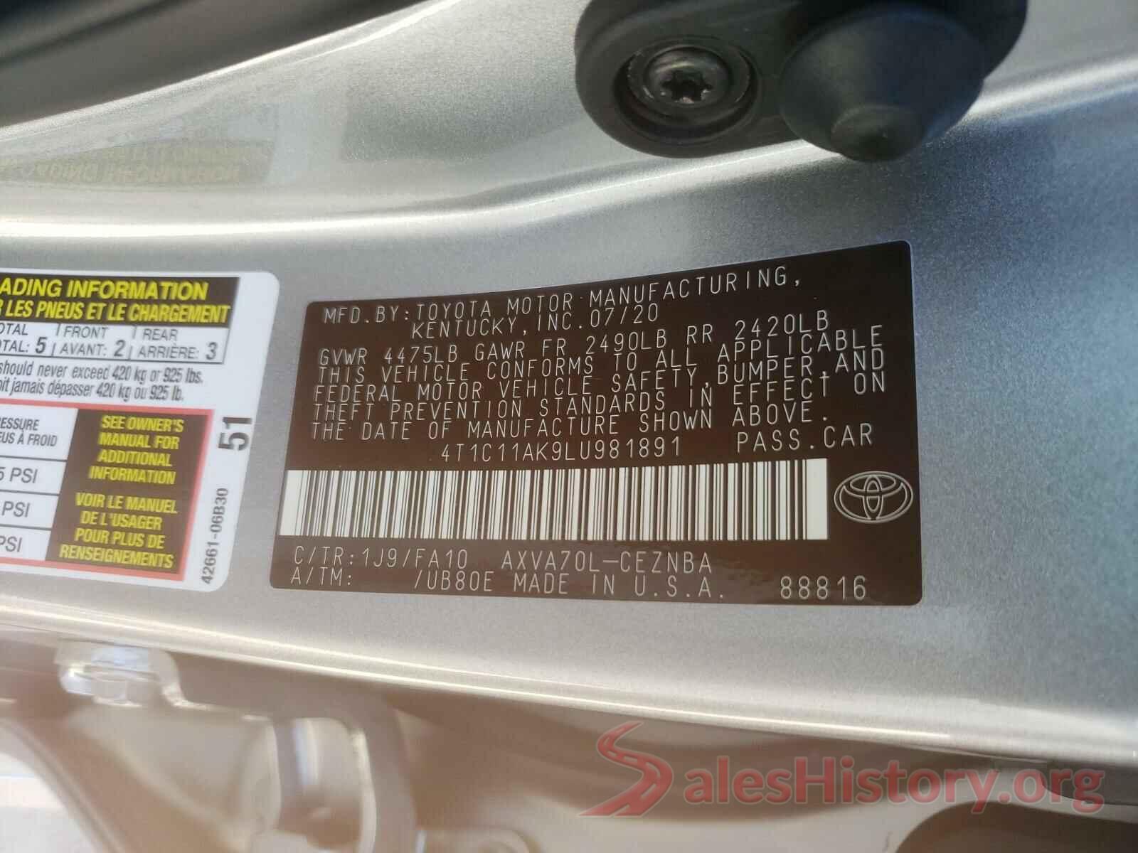 4T1C11AK9LU981891 2020 TOYOTA CAMRY