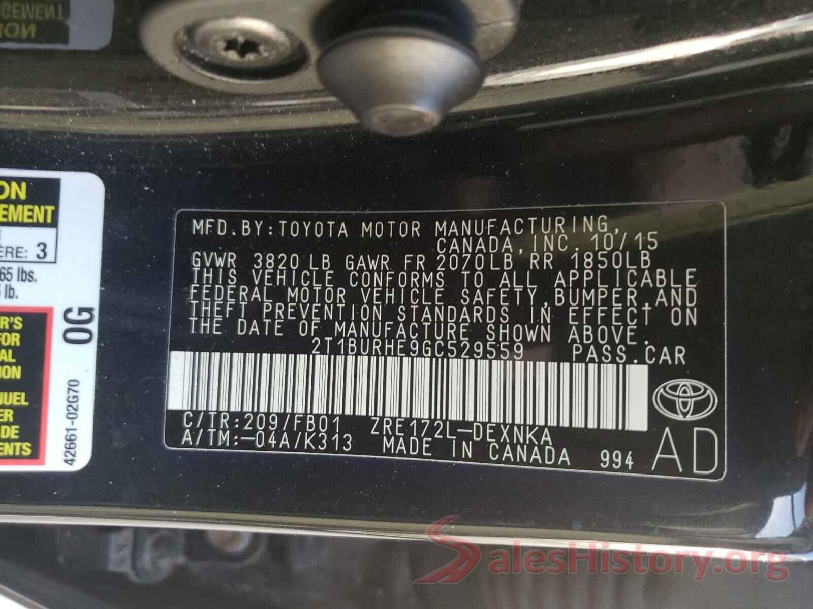 2T1BURHE9GC529559 2016 TOYOTA COROLLA