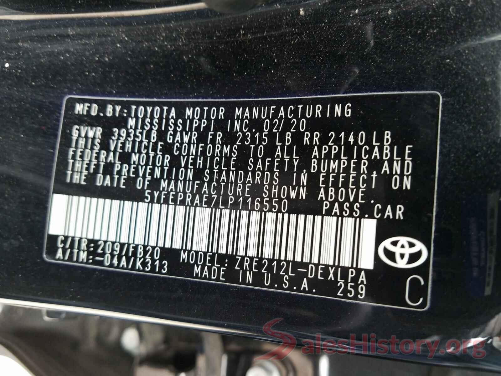 5YFEPRAE7LP116550 2020 TOYOTA COROLLA