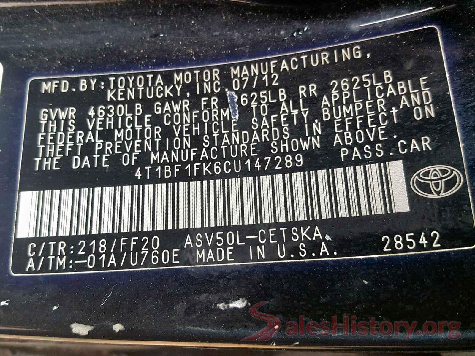 4T1BF1FK6CU147289 2012 TOYOTA CAMRY BASE