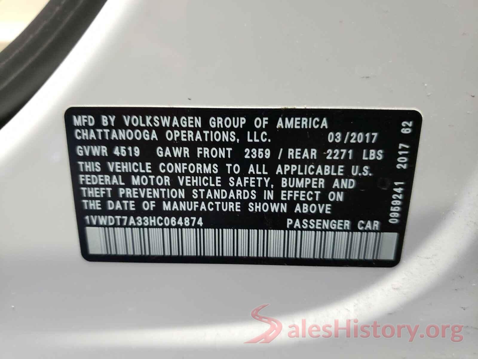 1VWDT7A33HC064874 2017 VOLKSWAGEN PASSAT