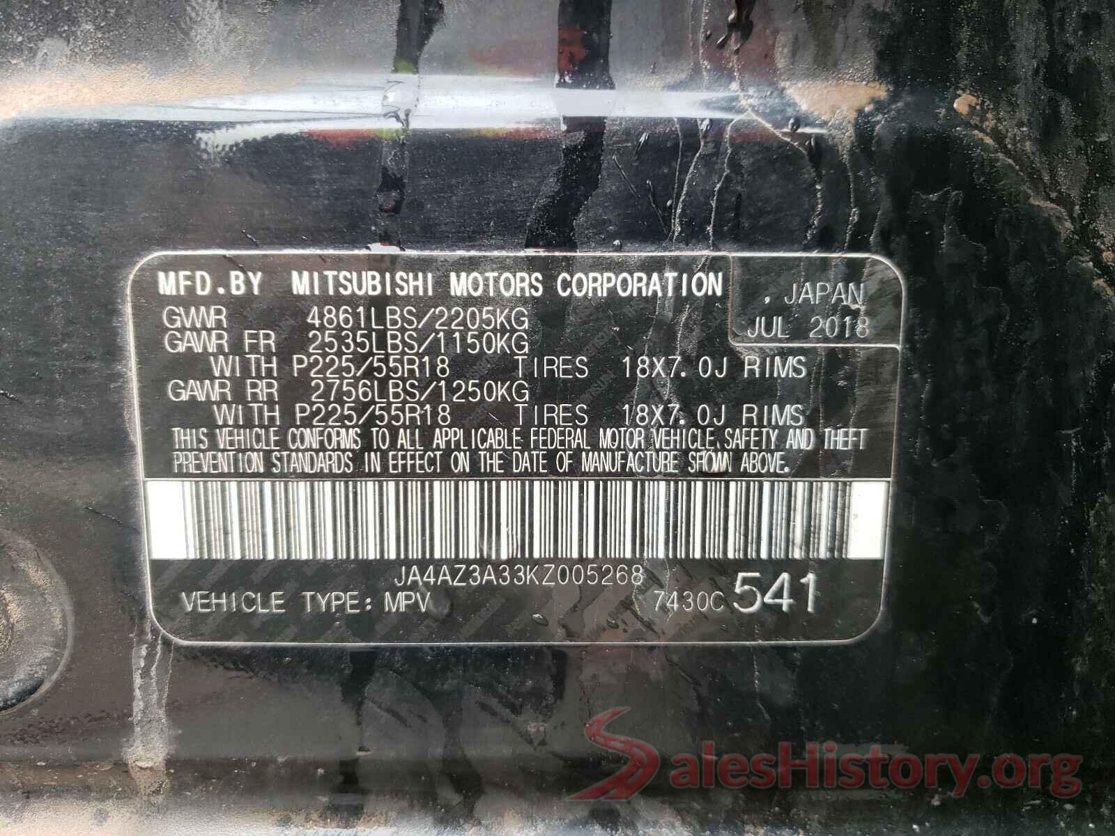 JA4AZ3A33KZ005268 2019 MITSUBISHI OUTLANDER