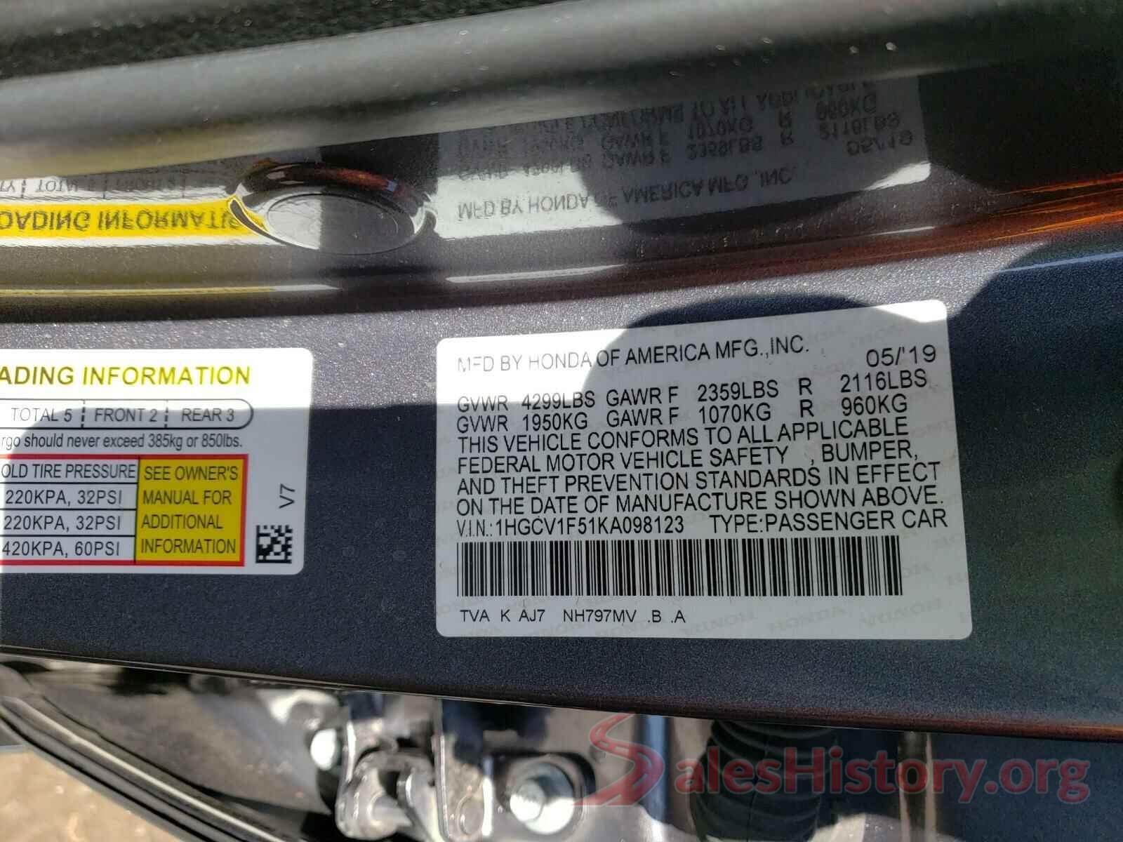 1HGCV1F51KA098123 2019 HONDA ACCORD