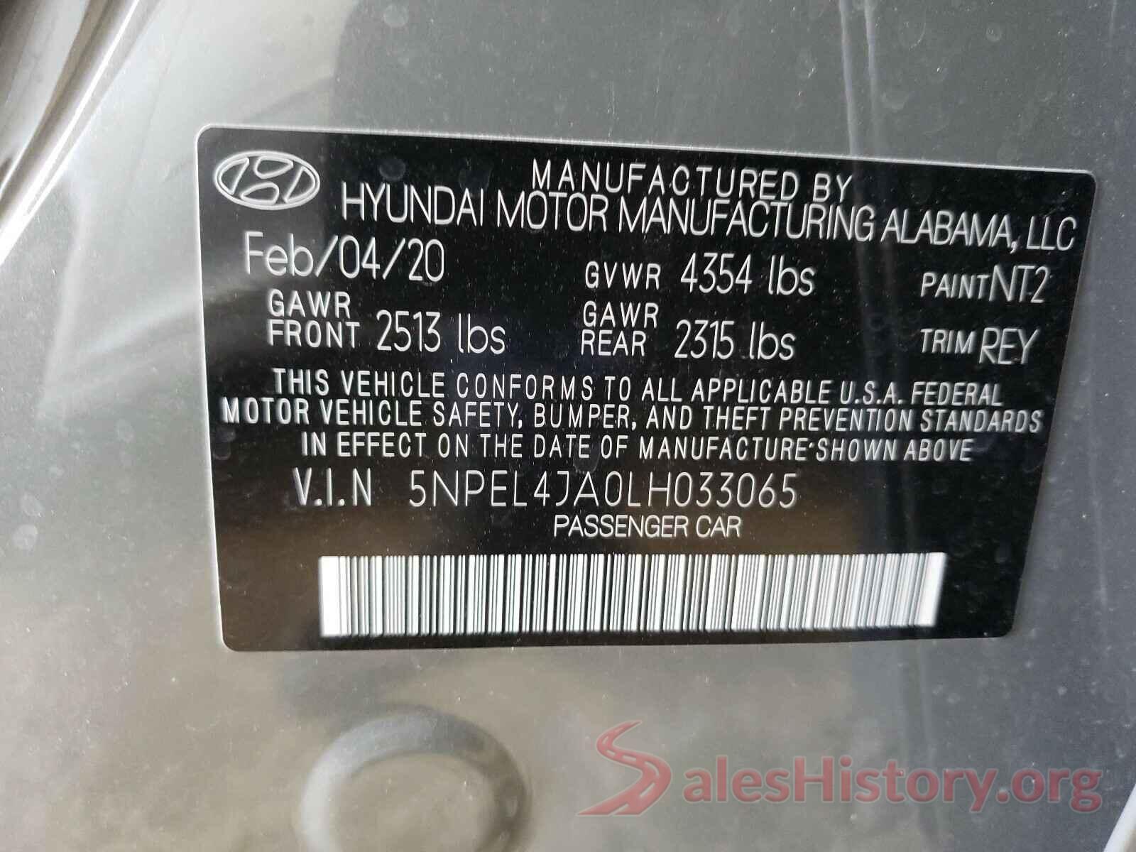 5NPEL4JA0LH033065 2020 HYUNDAI SONATA