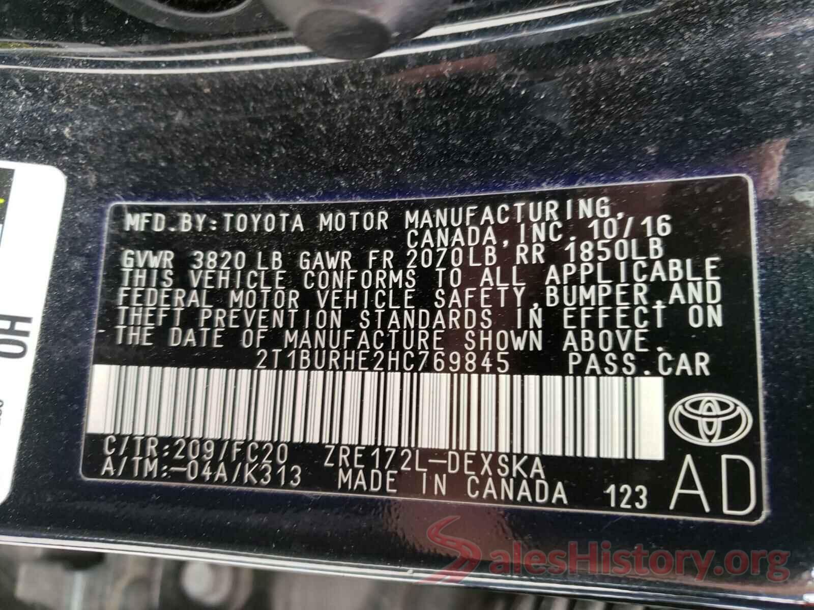 2T1BURHE2HC769845 2017 TOYOTA COROLLA