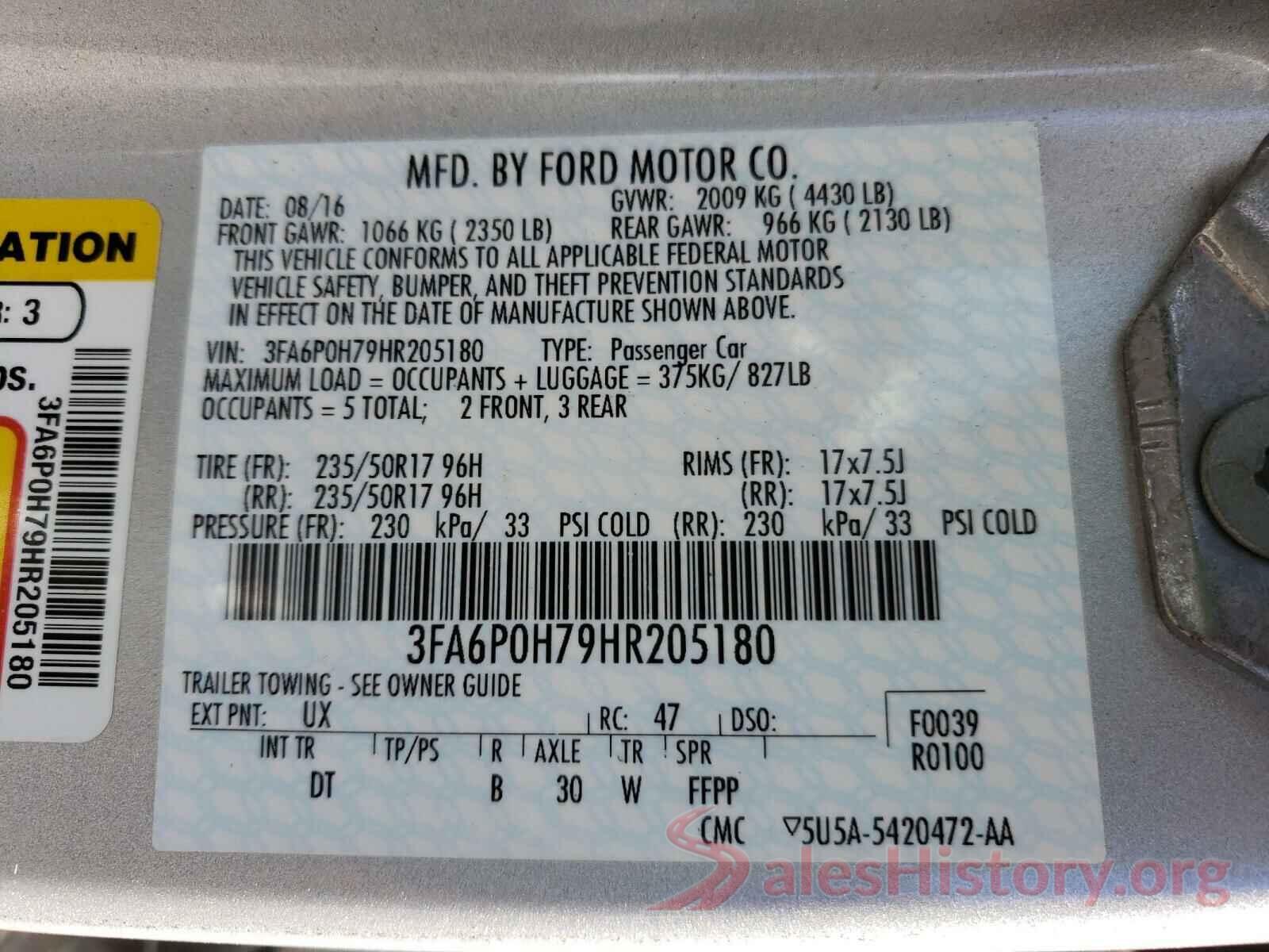 3FA6P0H79HR205180 2017 FORD FUSION