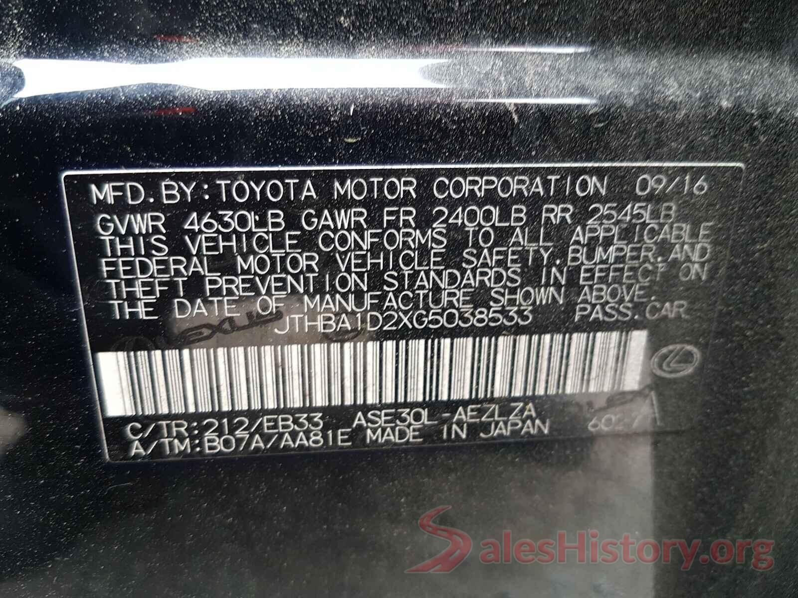 JTHBA1D2XG5038533 2016 LEXUS IS