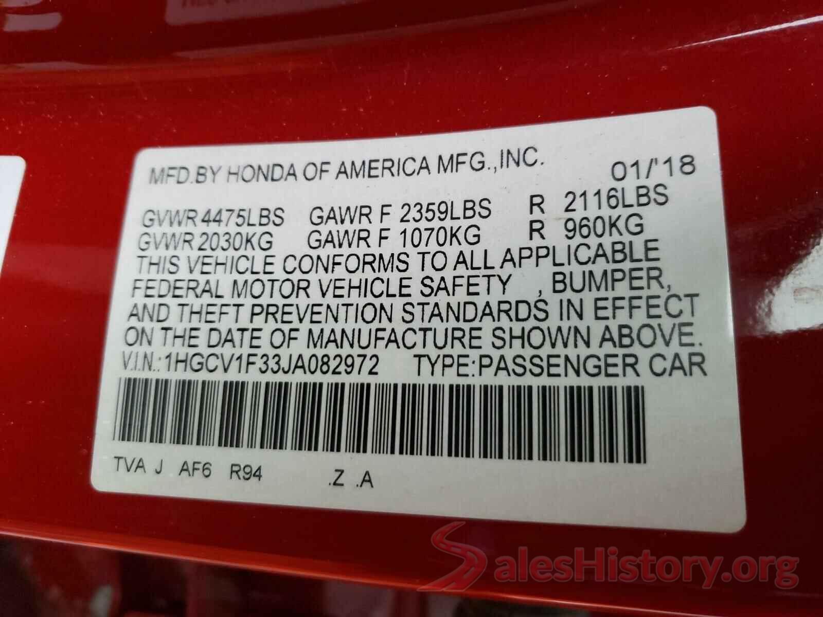 1HGCV1F33JA082972 2018 HONDA ACCORD