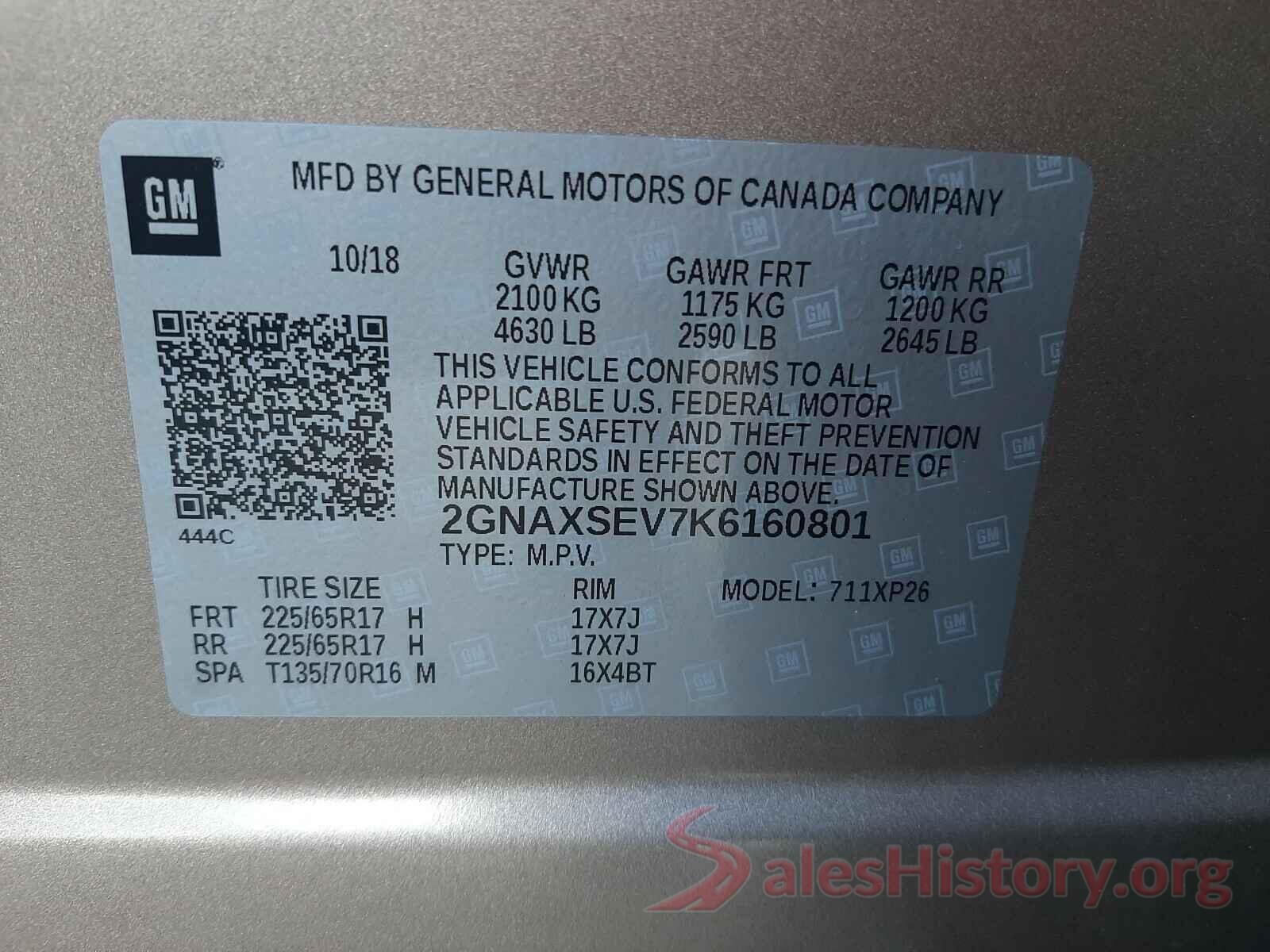 2GNAXSEV7K6160801 2019 CHEVROLET EQUINOX