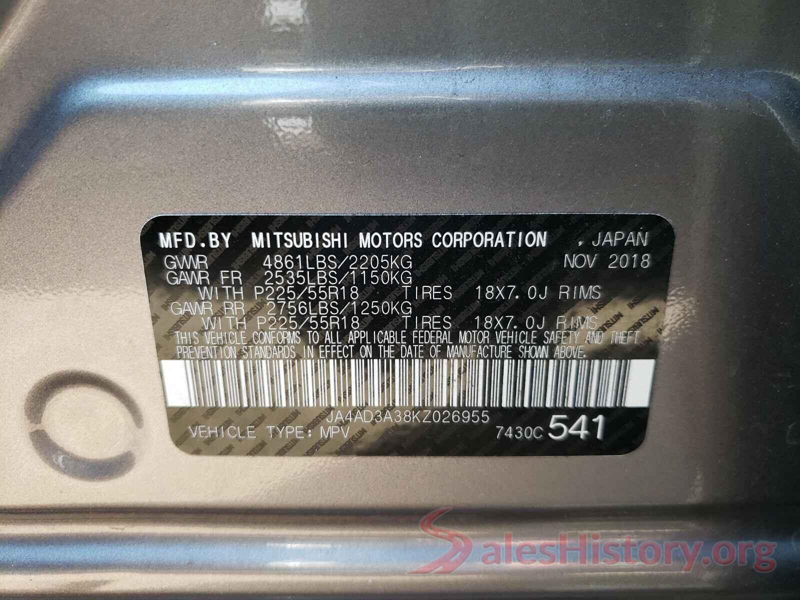 JA4AD3A38KZ026955 2019 MITSUBISHI OUTLANDER