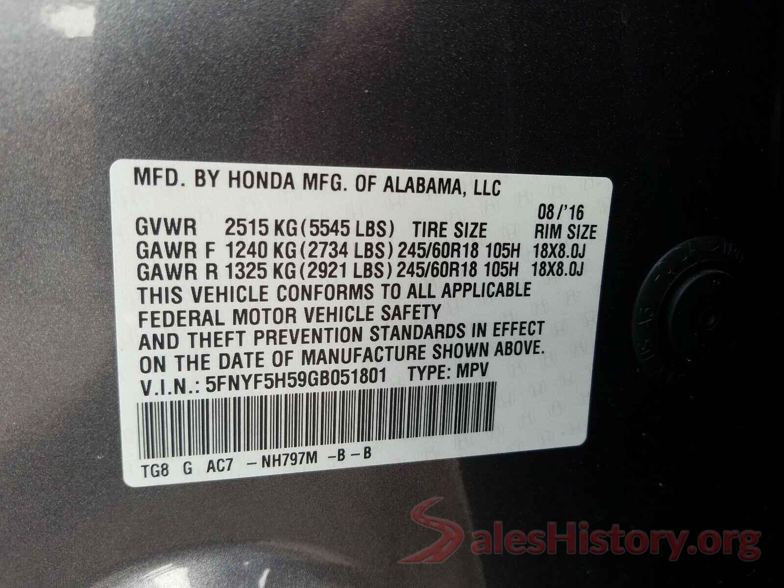 5FNYF5H59GB051801 2016 HONDA PILOT