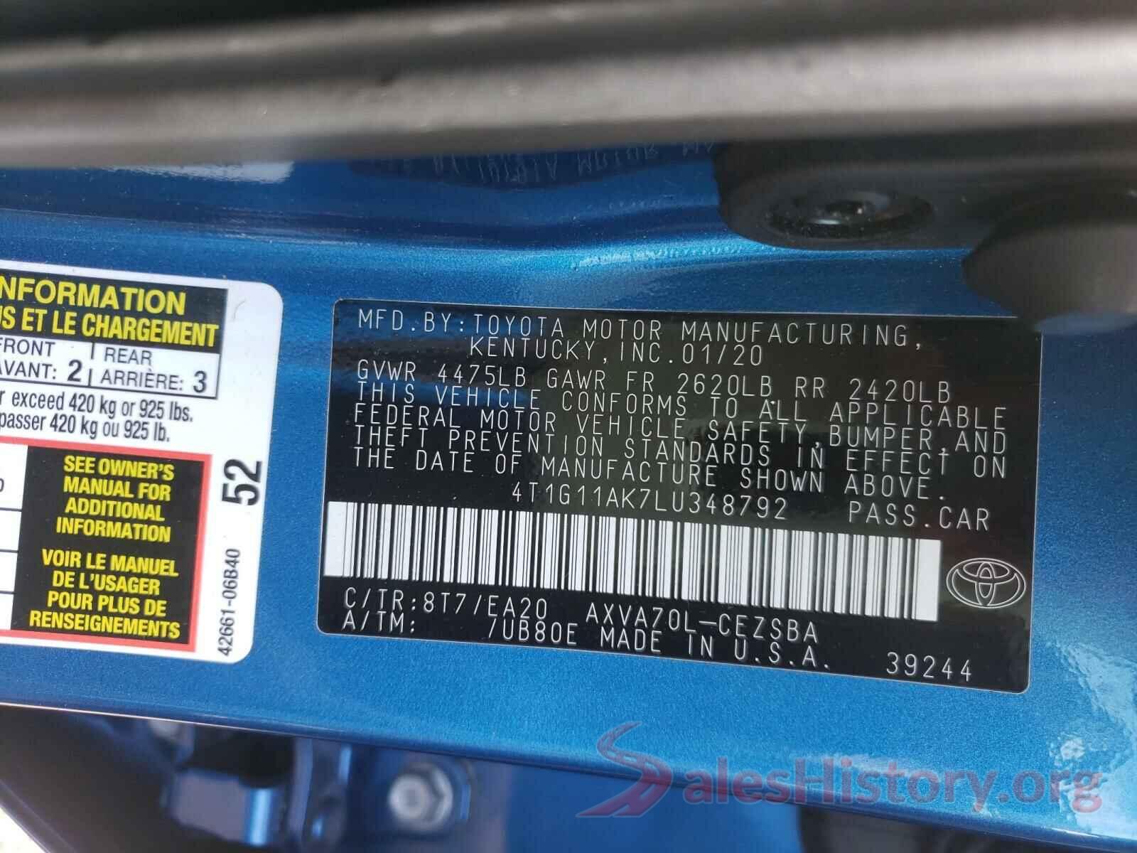 4T1G11AK7LU348792 2020 TOYOTA CAMRY