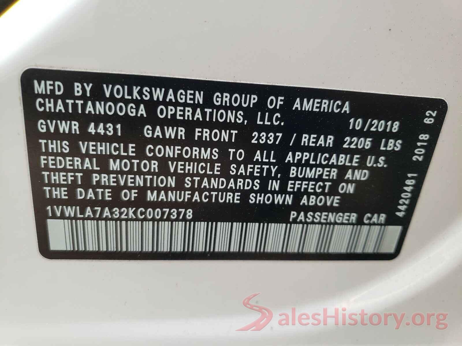 1VWLA7A32KC007378 2019 VOLKSWAGEN PASSAT