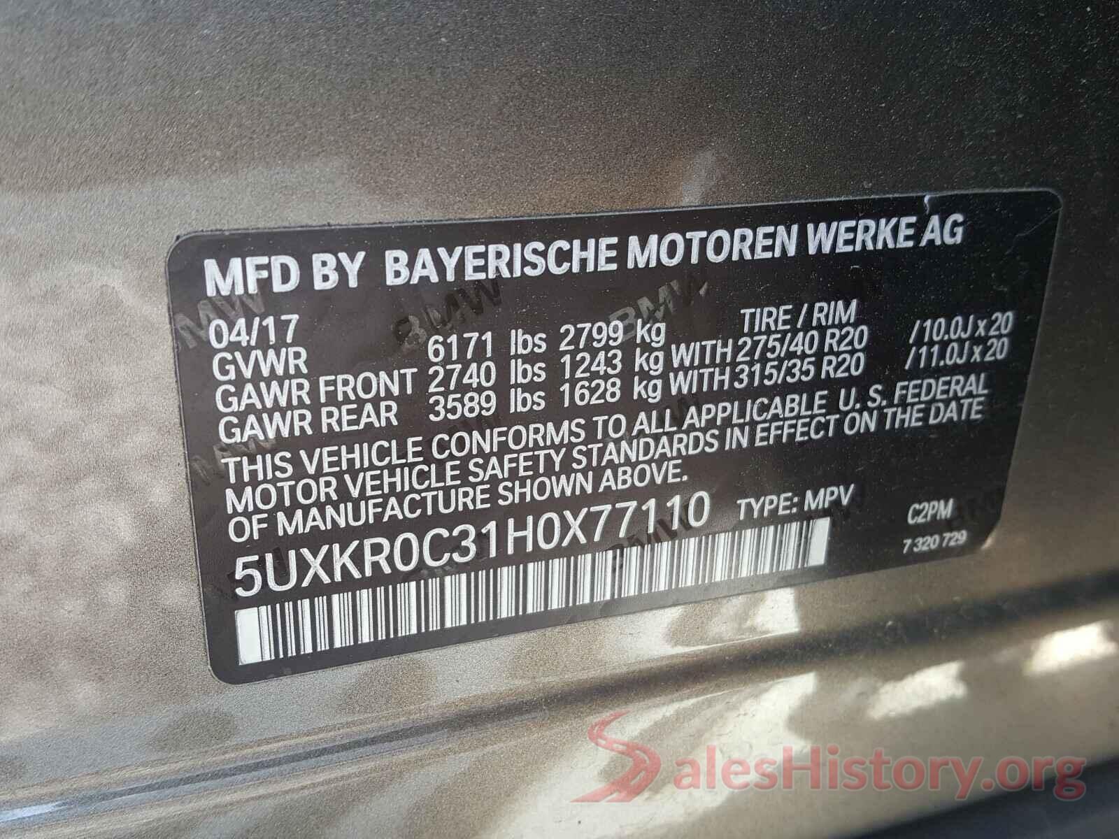 5UXKR0C31H0X77110 2017 BMW X5