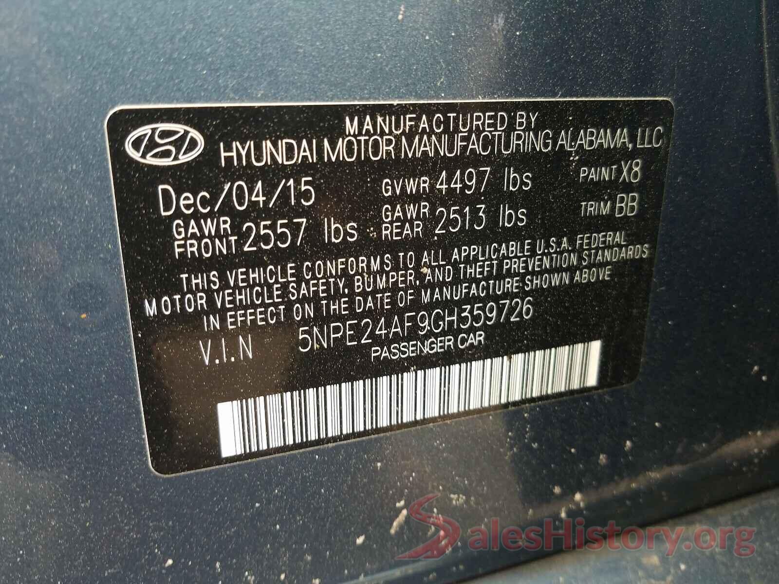 5NPE24AF9GH359726 2016 HYUNDAI SONATA