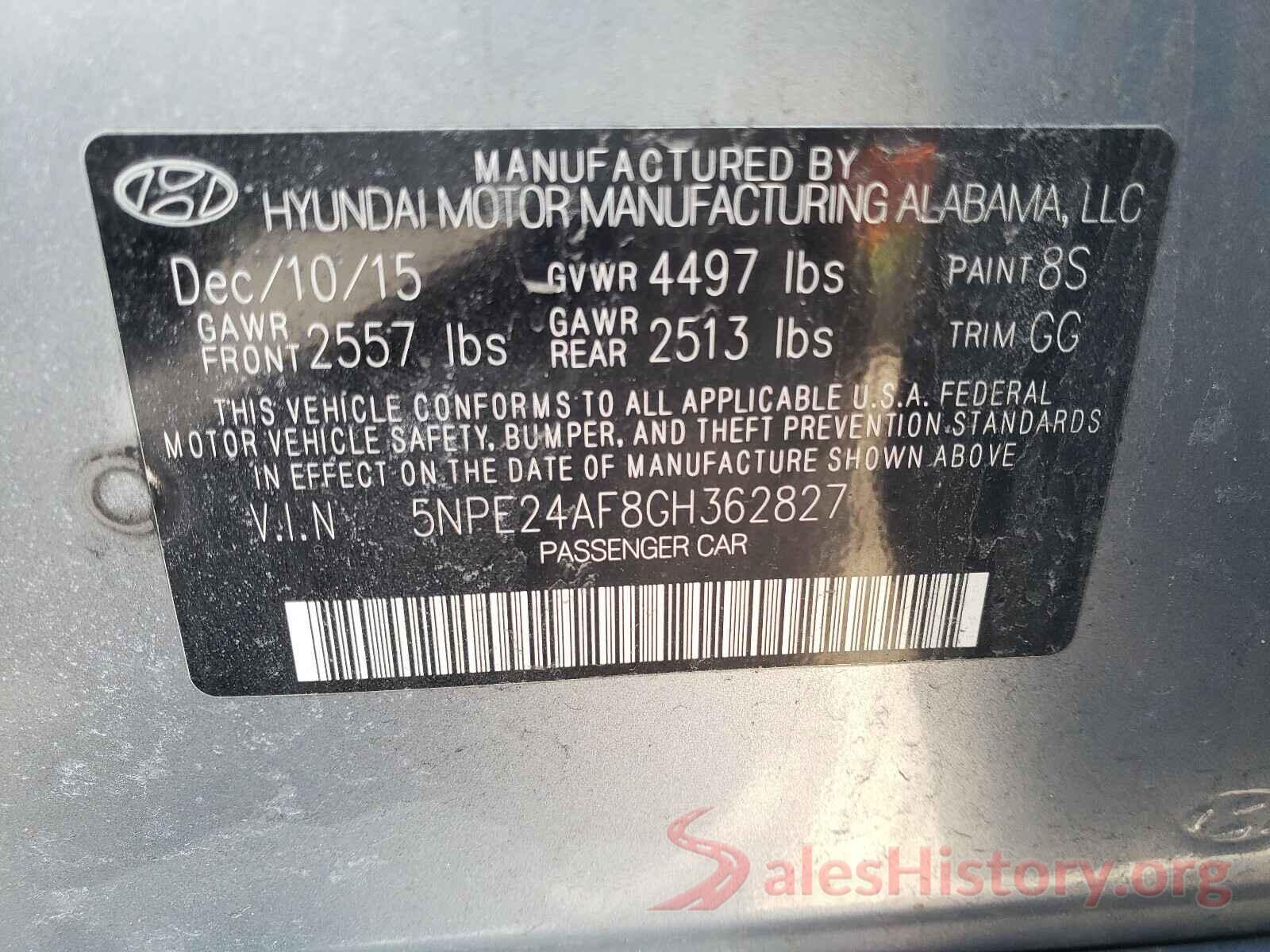 5NPE24AF8GH362827 2016 HYUNDAI SONATA