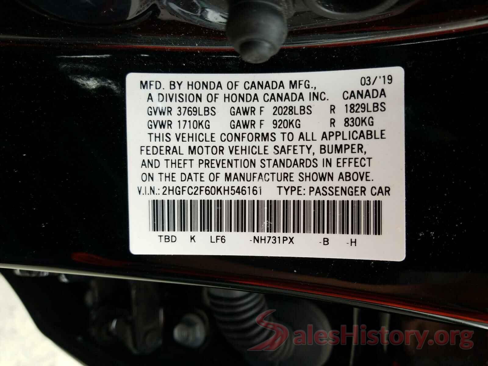 2HGFC2F60KH546161 2019 HONDA CIVIC