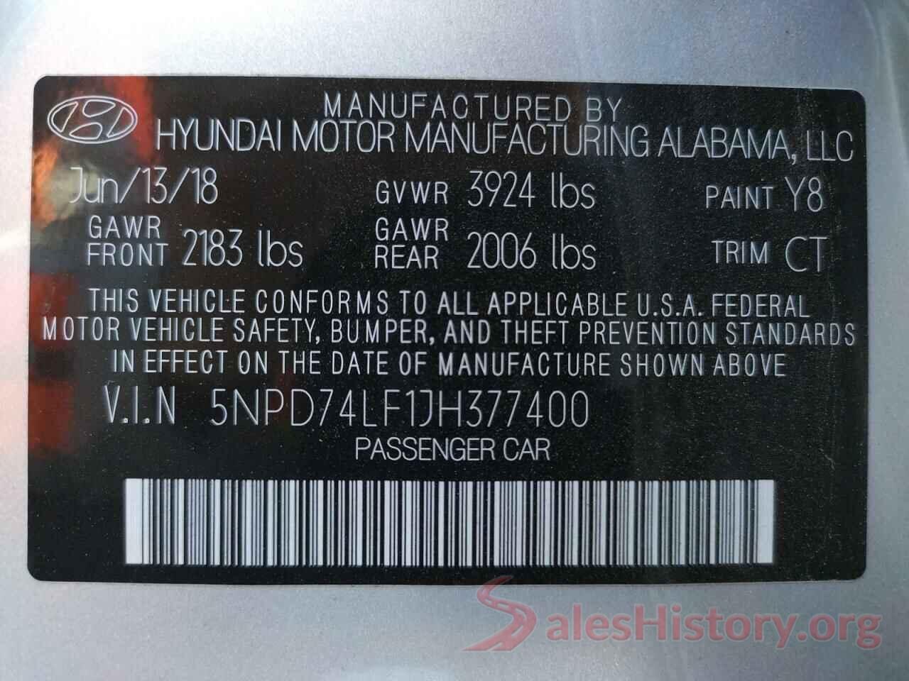 5NPD74LF1JH377400 2018 HYUNDAI ELANTRA