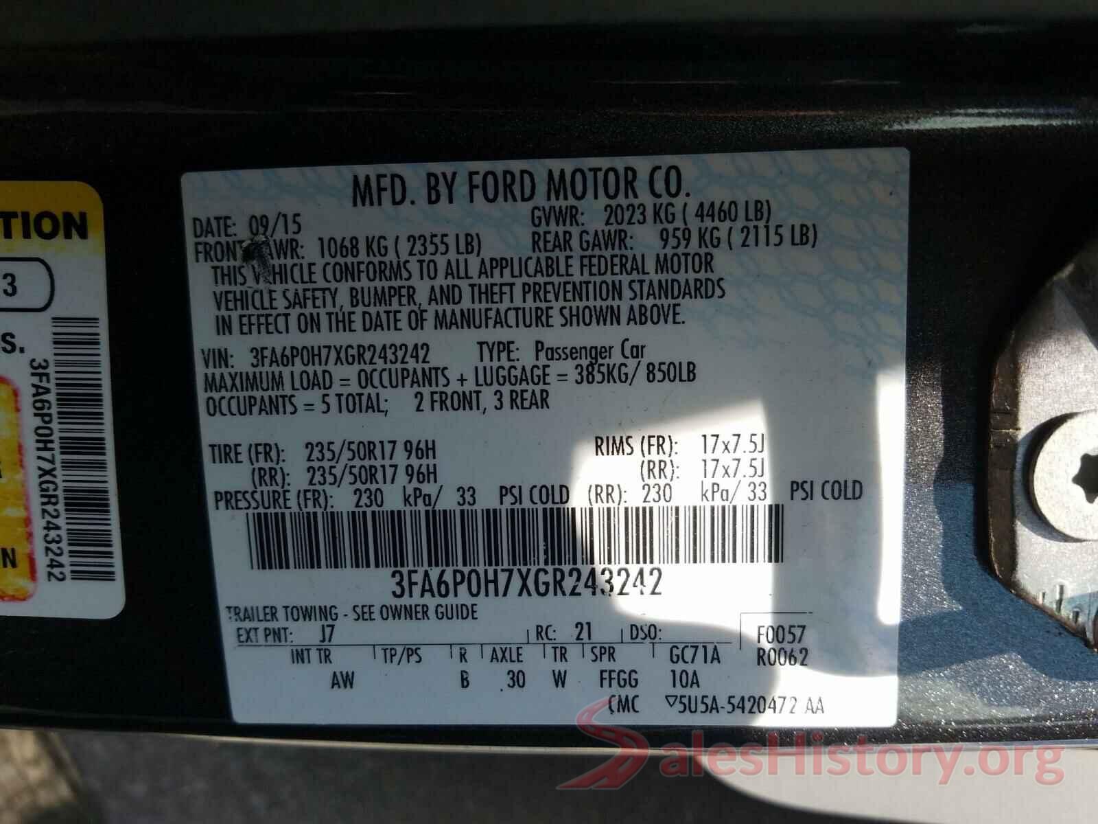 3FA6P0H7XGR243242 2016 FORD FUSION