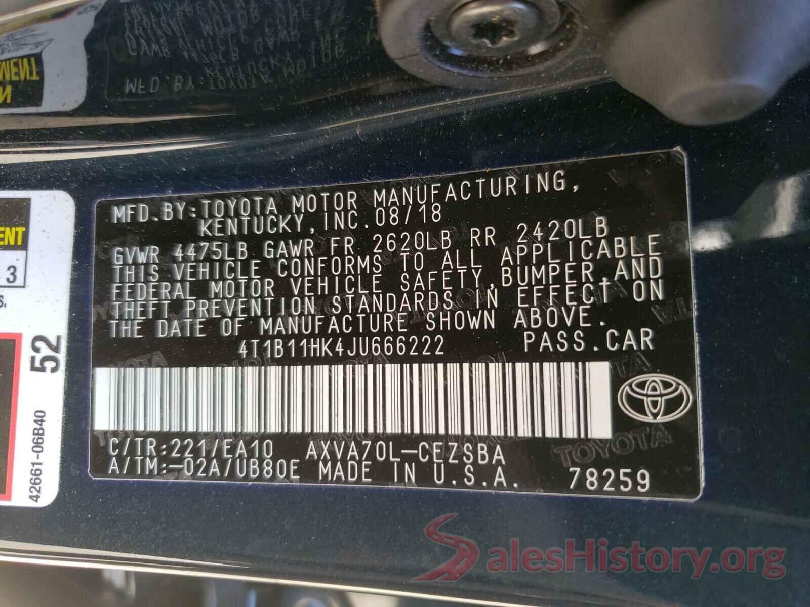 4T1B11HK4JU666222 2018 TOYOTA CAMRY