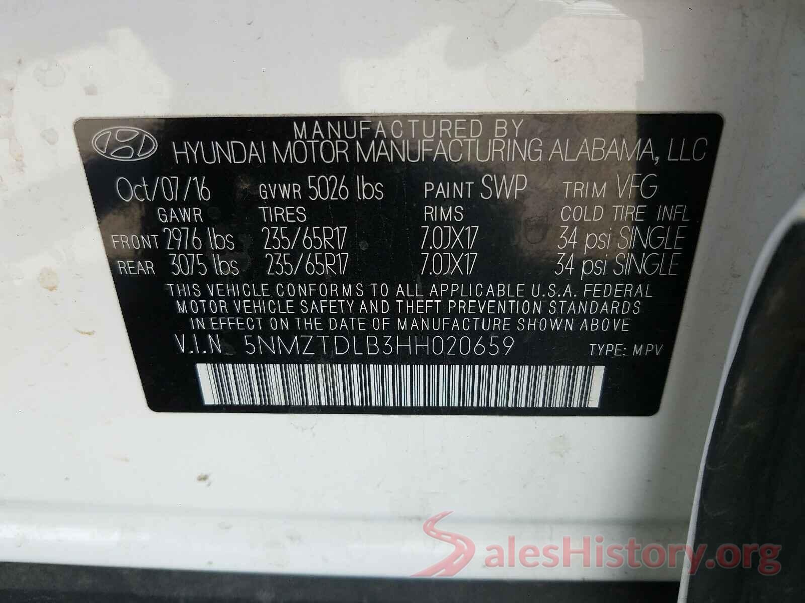 5NMZTDLB3HH020659 2017 HYUNDAI SANTA FE