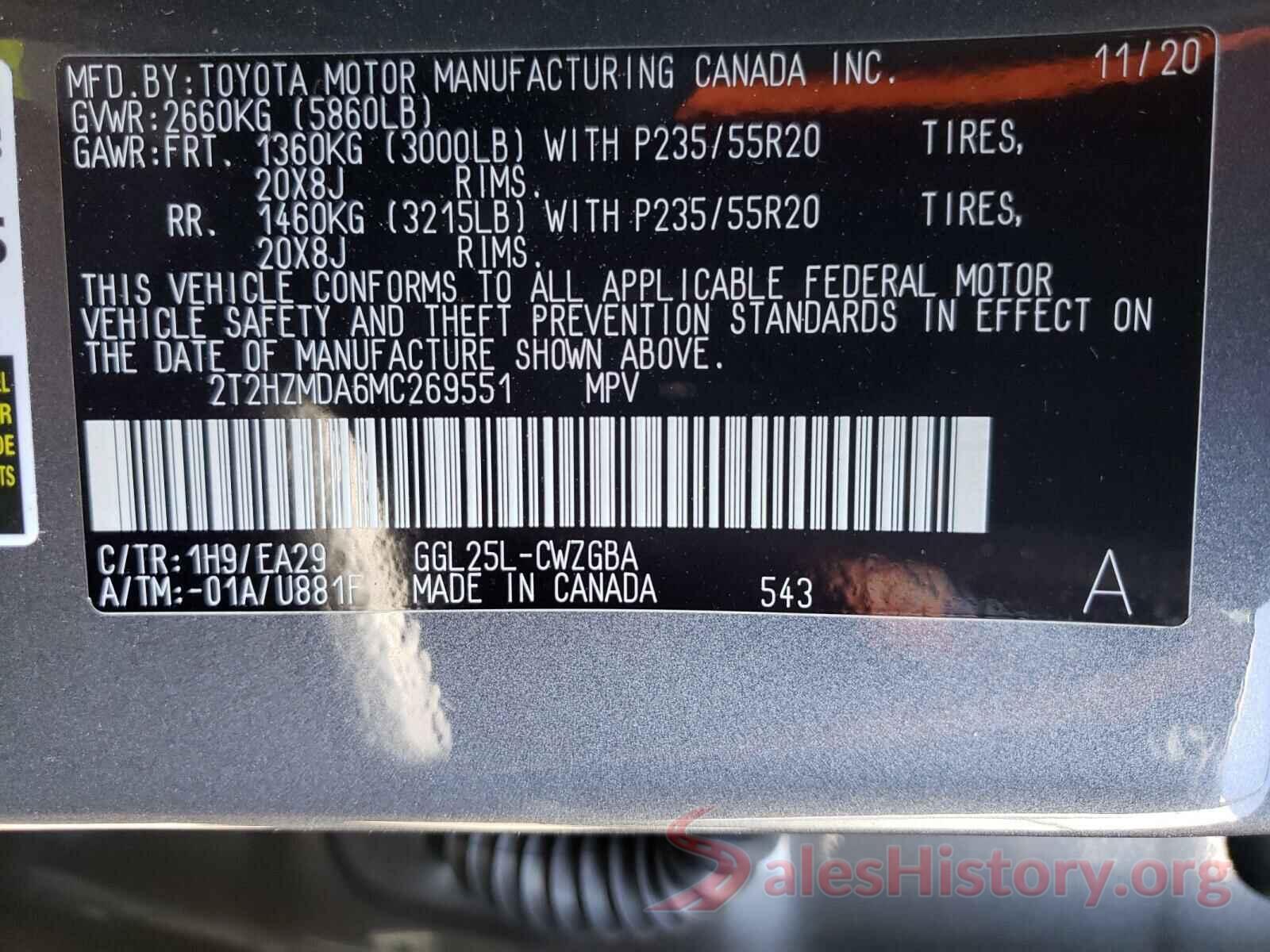 2T2HZMDA6MC269551 2021 LEXUS RX350