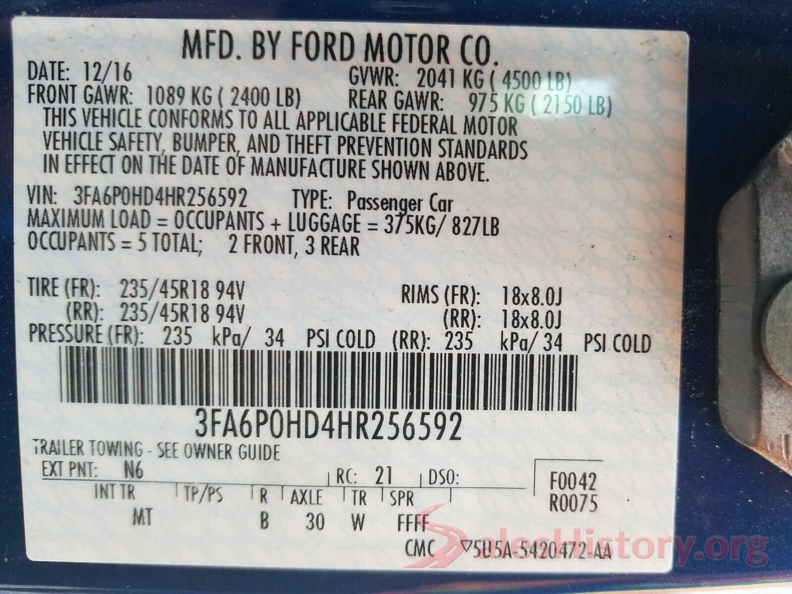 3FA6P0HD4HR256592 2017 FORD FUSION