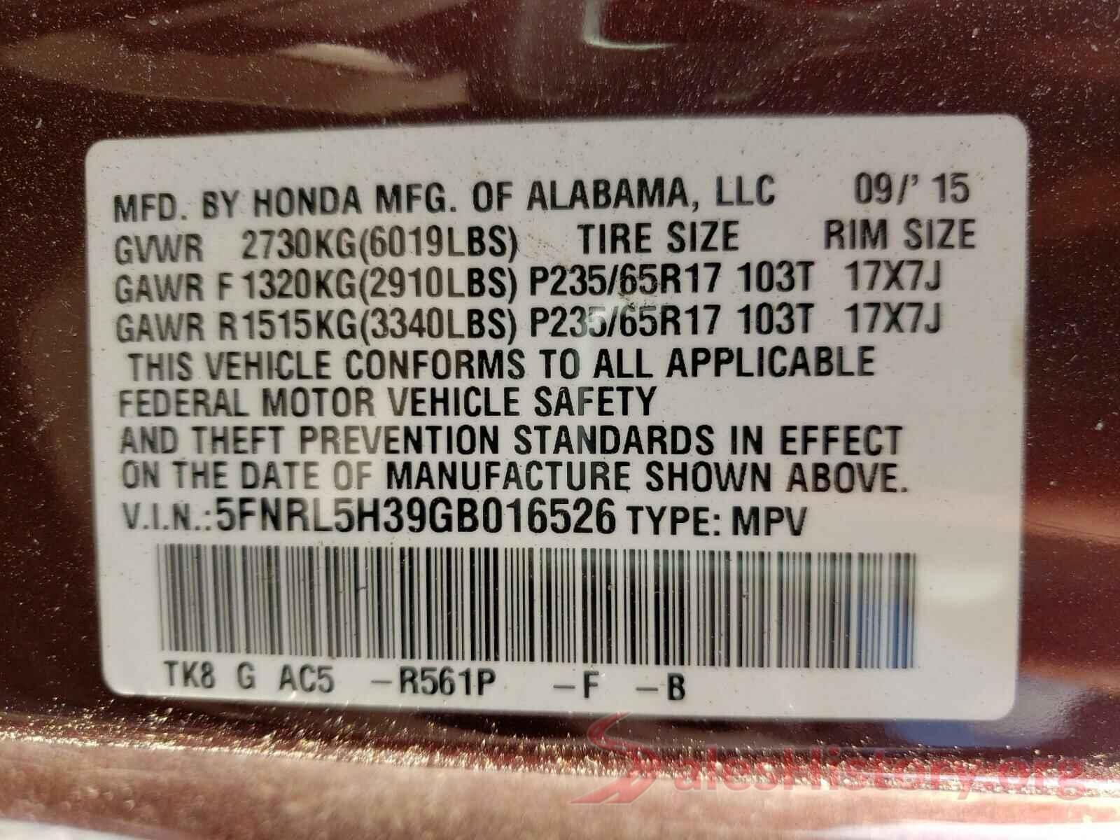 5FNRL5H39GB016526 2016 HONDA ODYSSEY