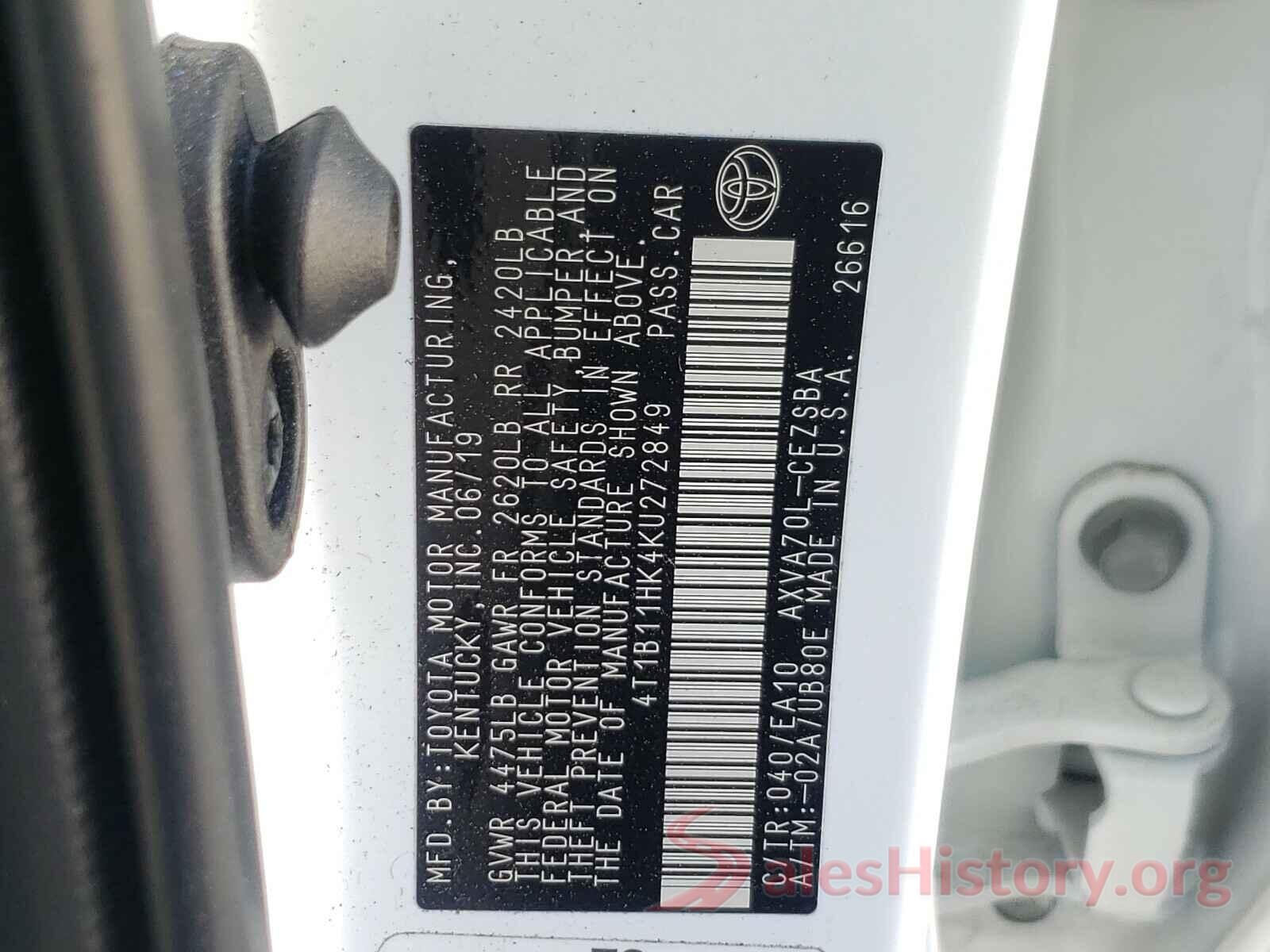 4T1B11HK4KU272849 2019 TOYOTA CAMRY