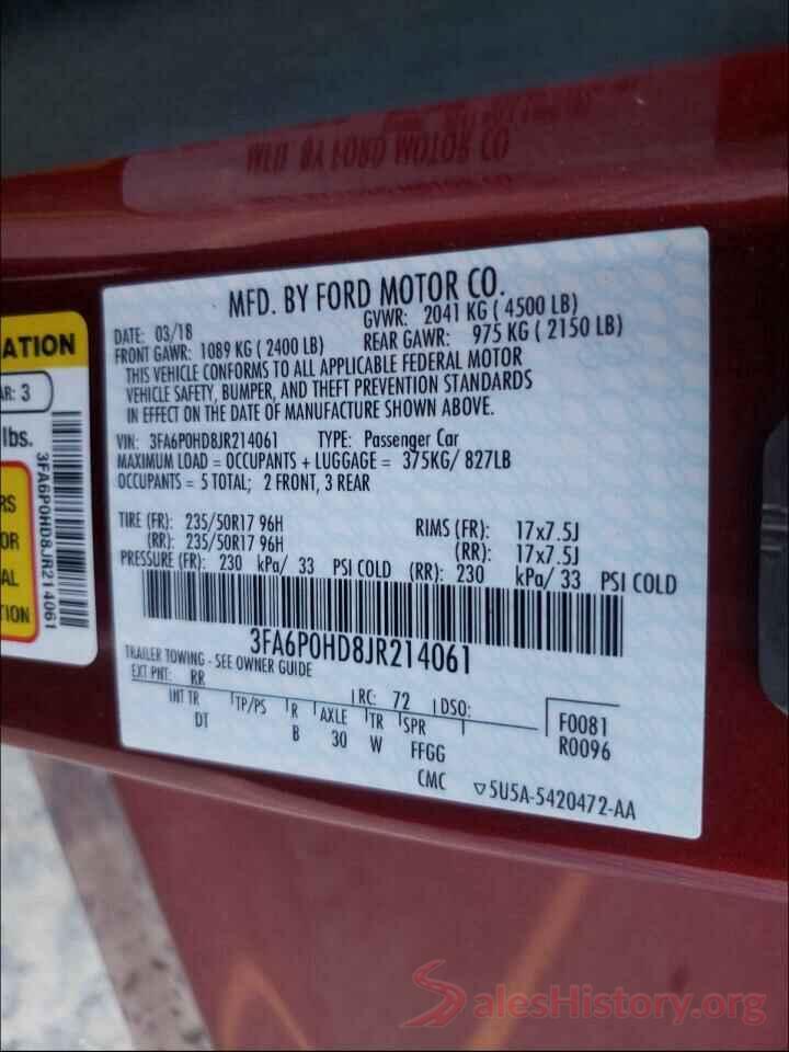 3FA6P0HD8JR214061 2018 FORD FUSION