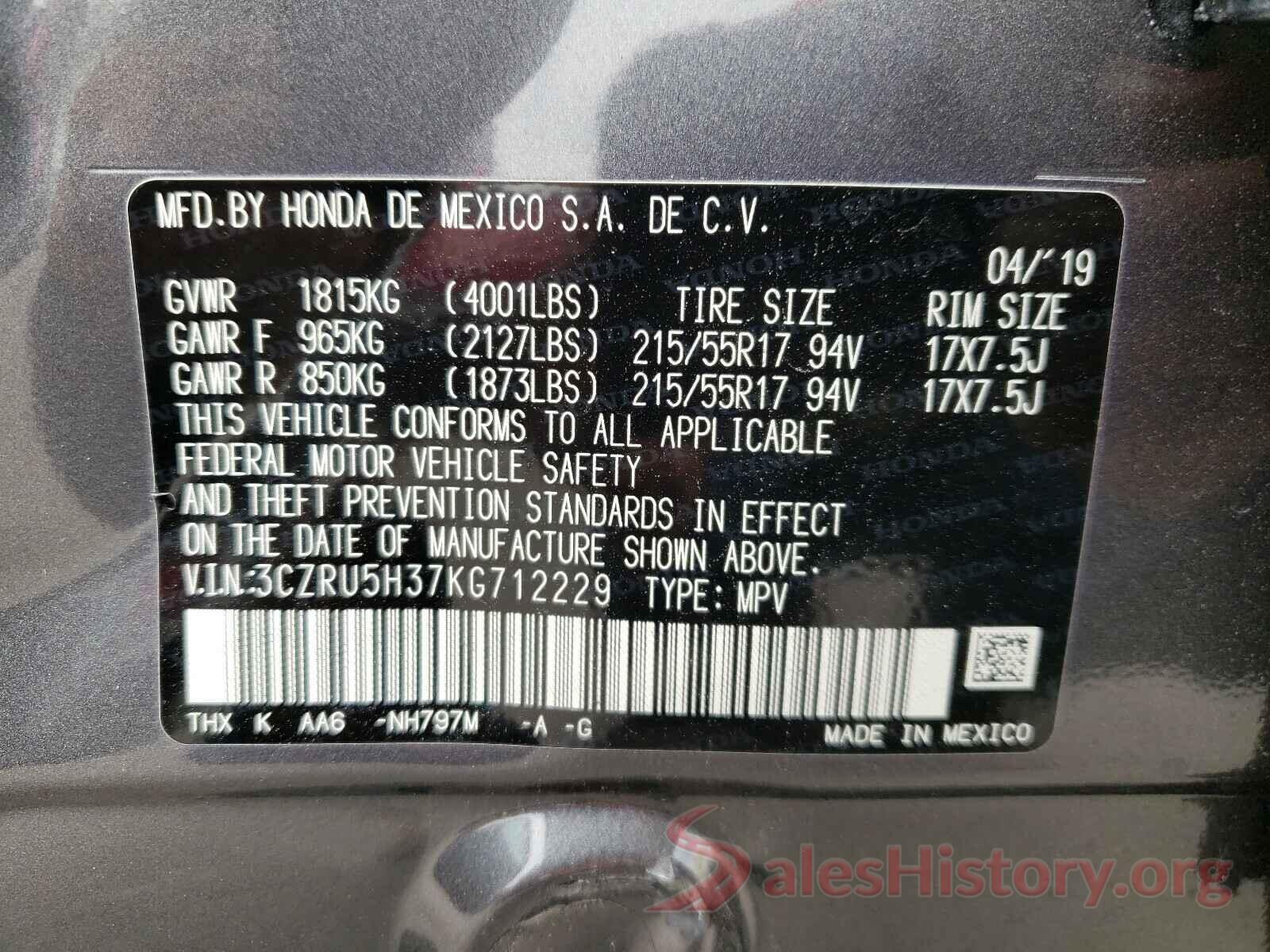 3CZRU5H37KG712229 2019 HONDA HR-V