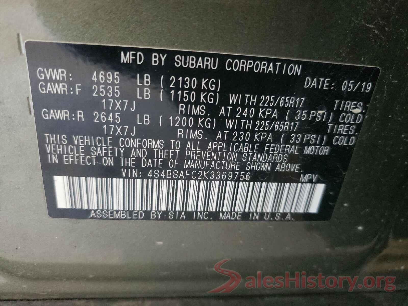 4S4BSAFC2K3369756 2019 SUBARU OUTBACK