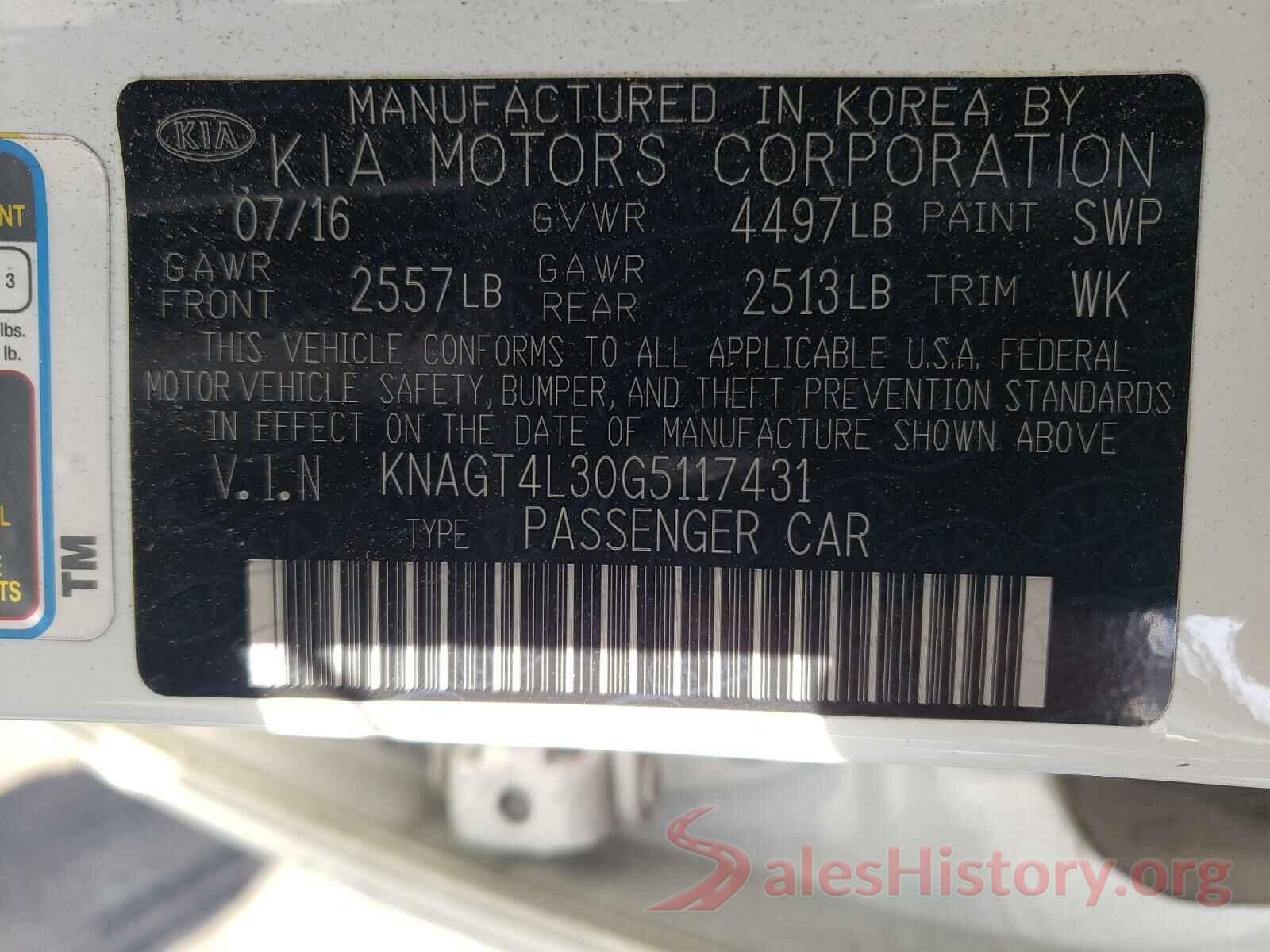 KNAGT4L30G5117431 2016 KIA OPTIMA