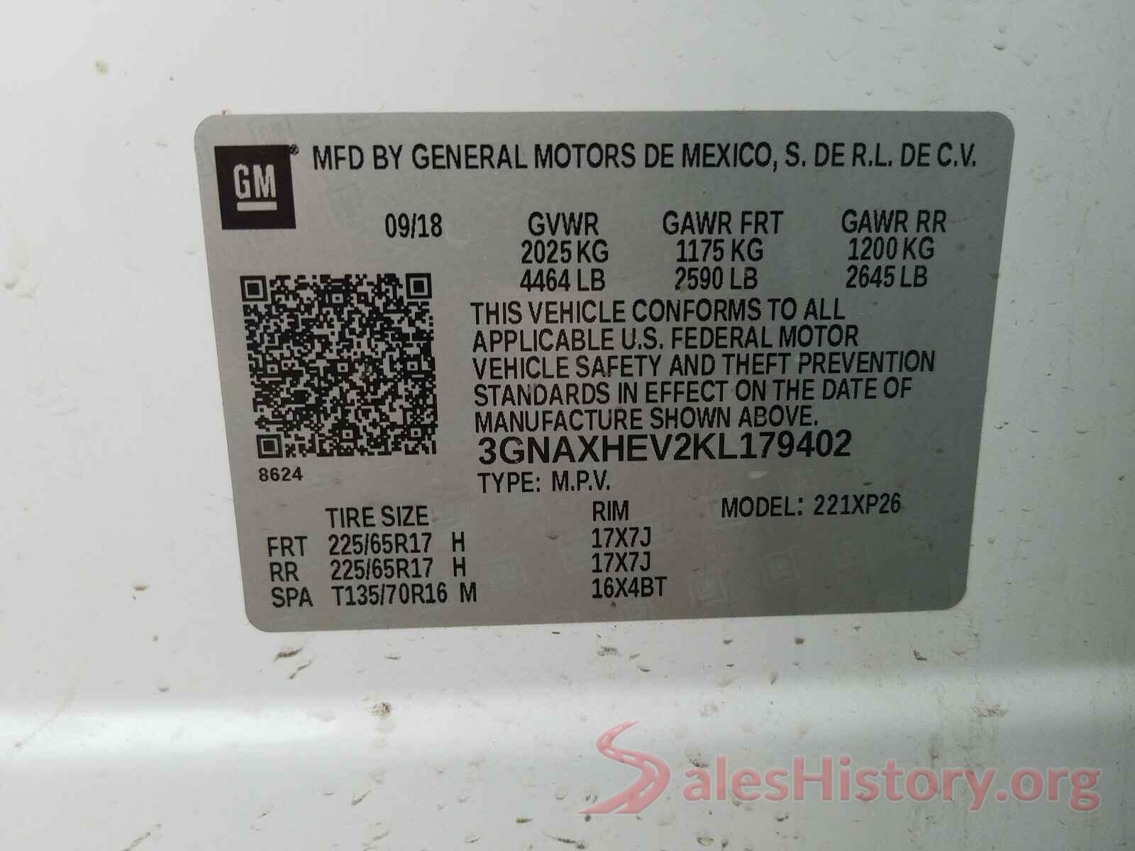 3GNAXHEV2KL179402 2019 CHEVROLET EQUINOX