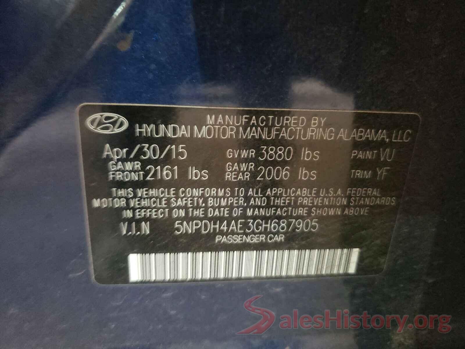 5NPDH4AE3GH687905 2016 HYUNDAI ELANTRA