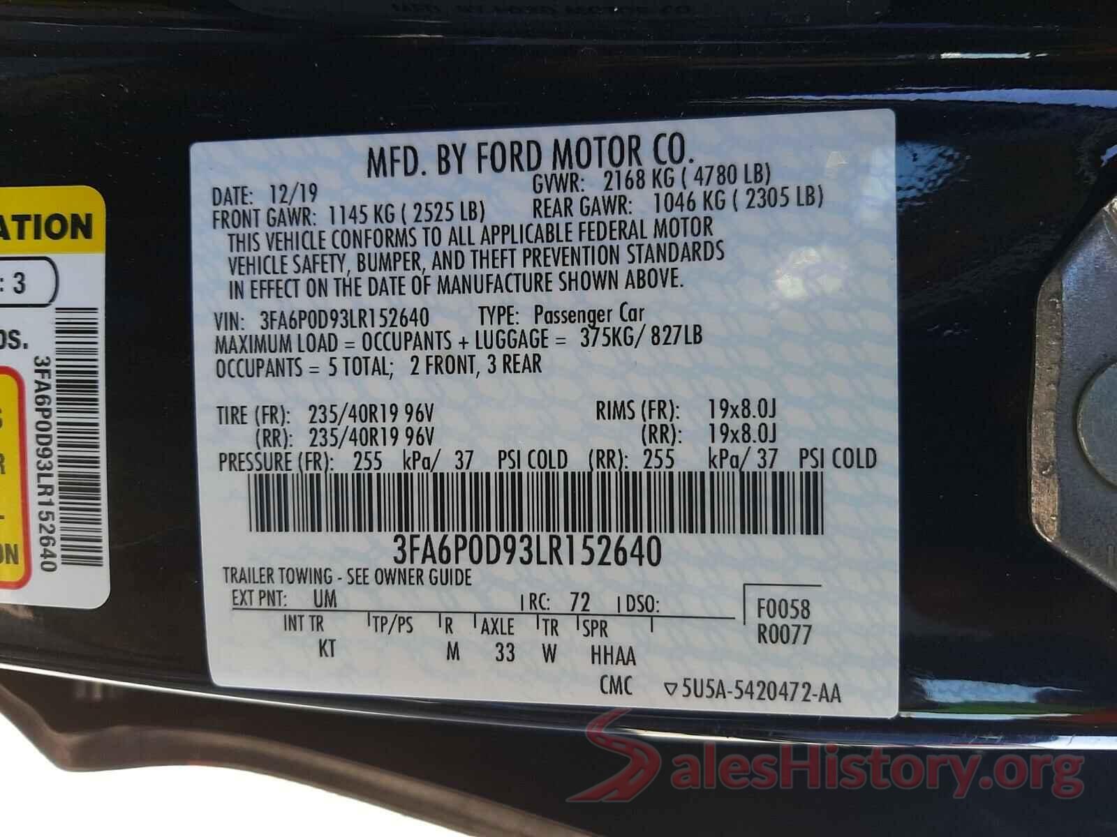 3FA6P0D93LR152640 2020 FORD FUSION