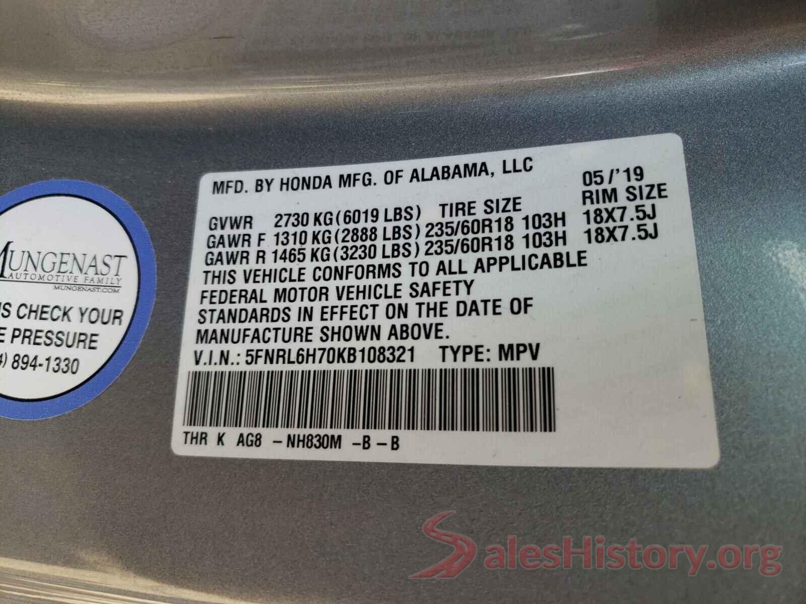 5FNRL6H70KB108321 2019 HONDA ODYSSEY