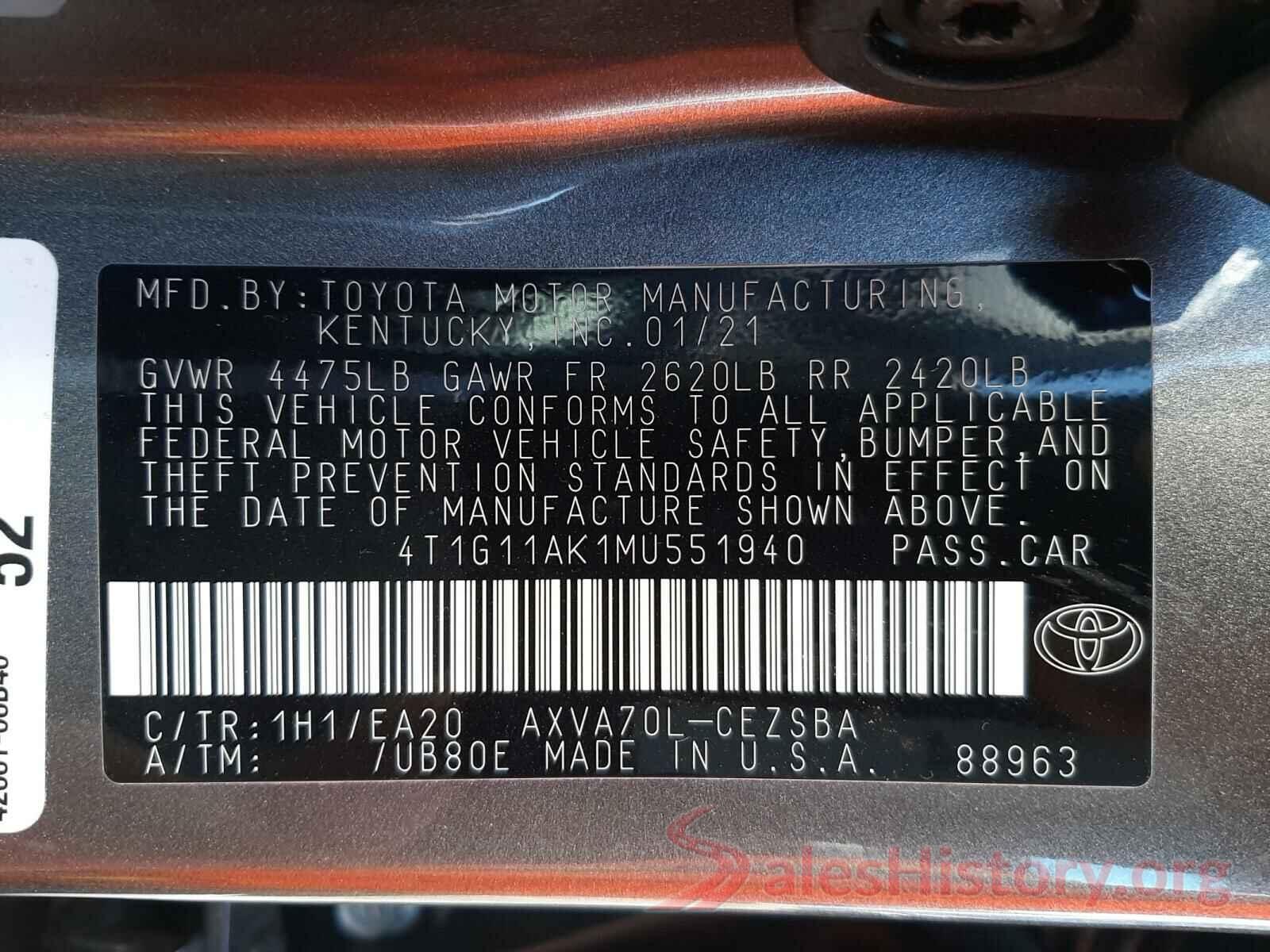 4T1G11AK1MU551940 2021 TOYOTA CAMRY