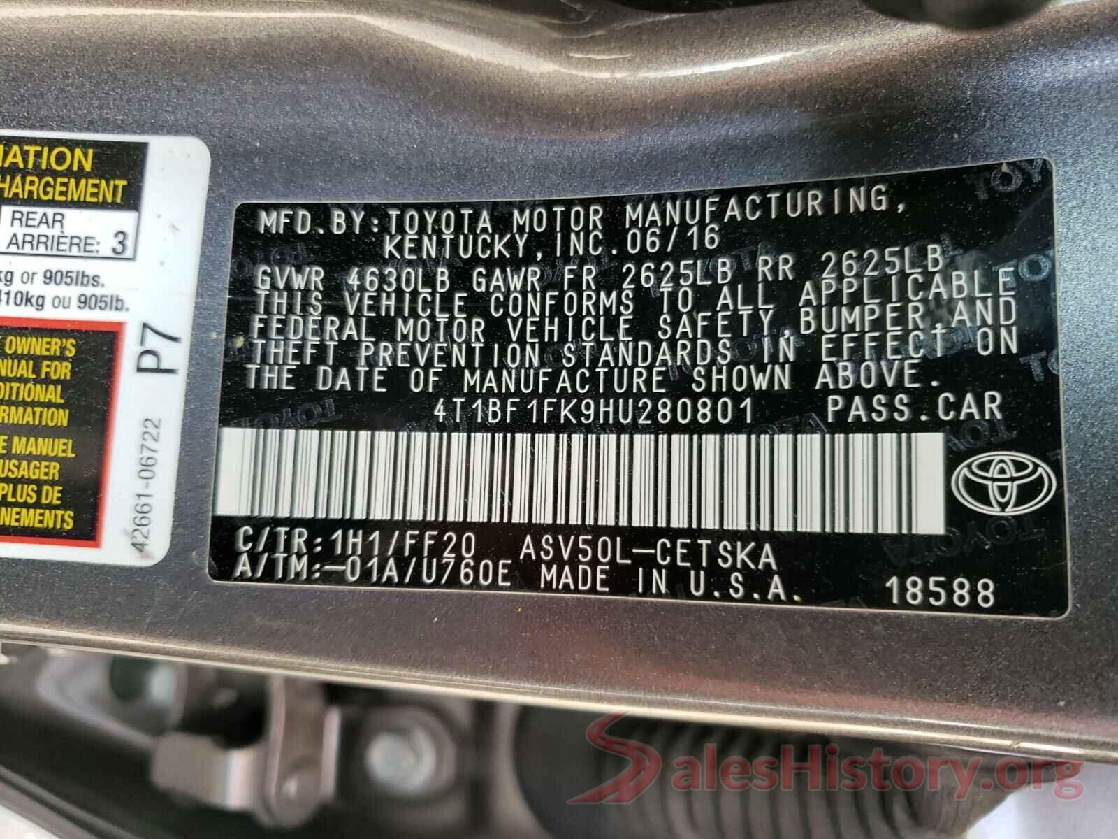 4T1BF1FK9HU280801 2017 TOYOTA CAMRY