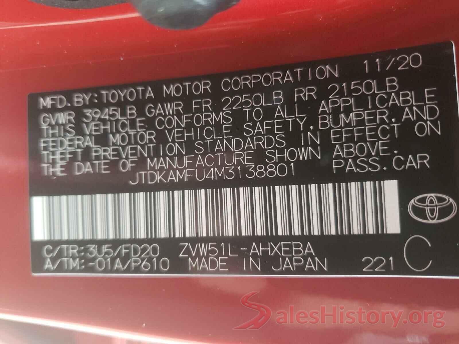 JTDKAMFU4M3138801 2021 TOYOTA PRIUS