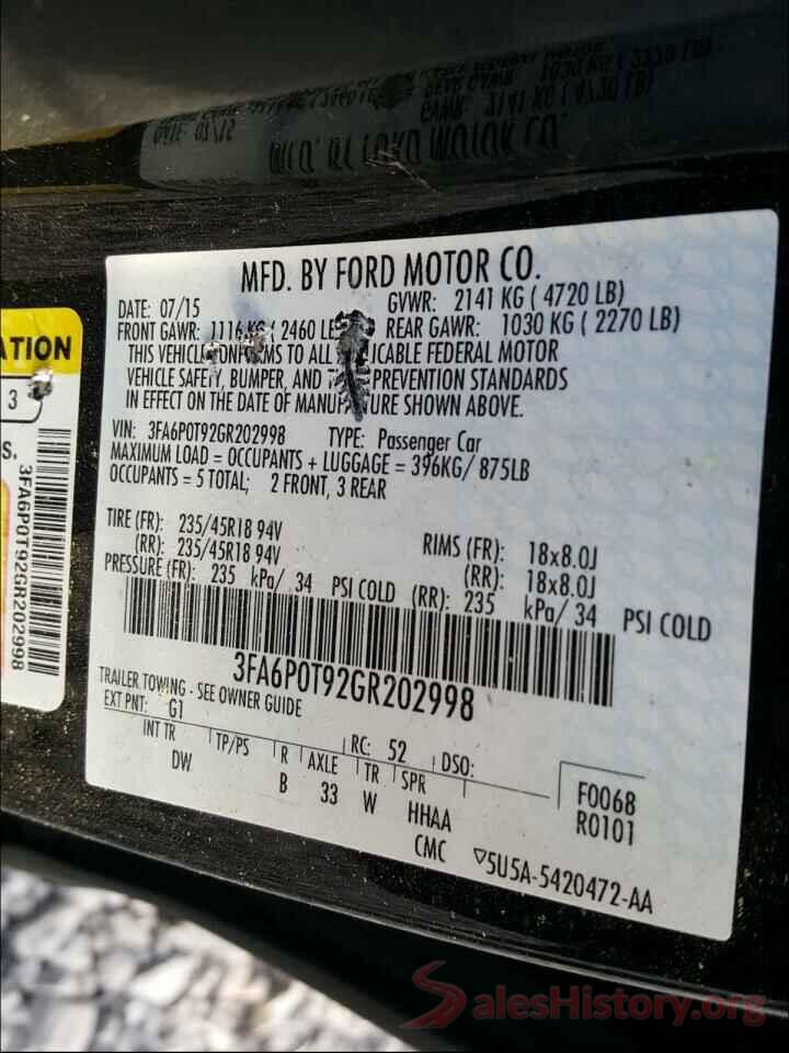 3FA6P0T92GR202998 2016 FORD FUSION