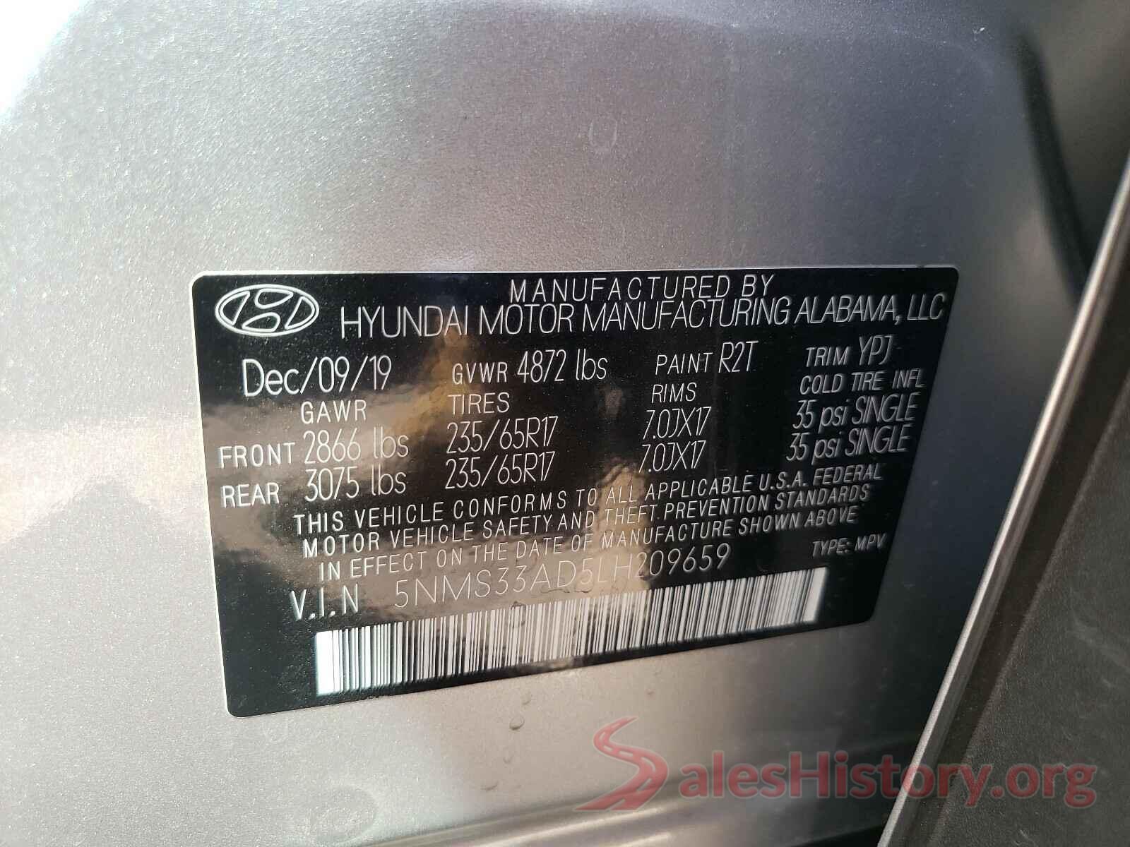 5NMS33AD5LH209659 2020 HYUNDAI SANTA FE